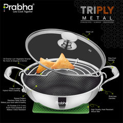 Tri-ply Hexa Cube Kadhai With Lid With Honeycomb Surface