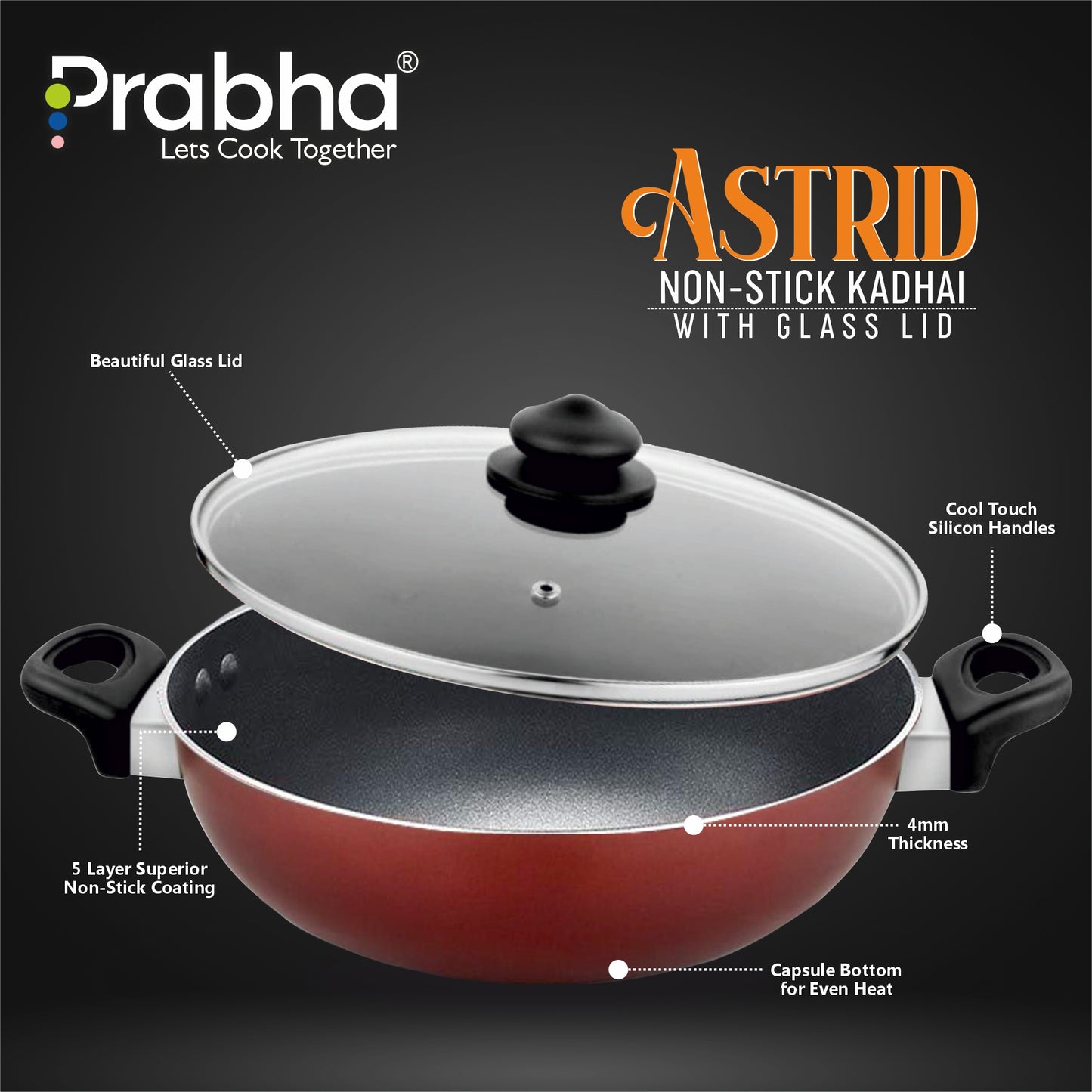 Astrid Nonstick Deep Kadhai With Glass Lid