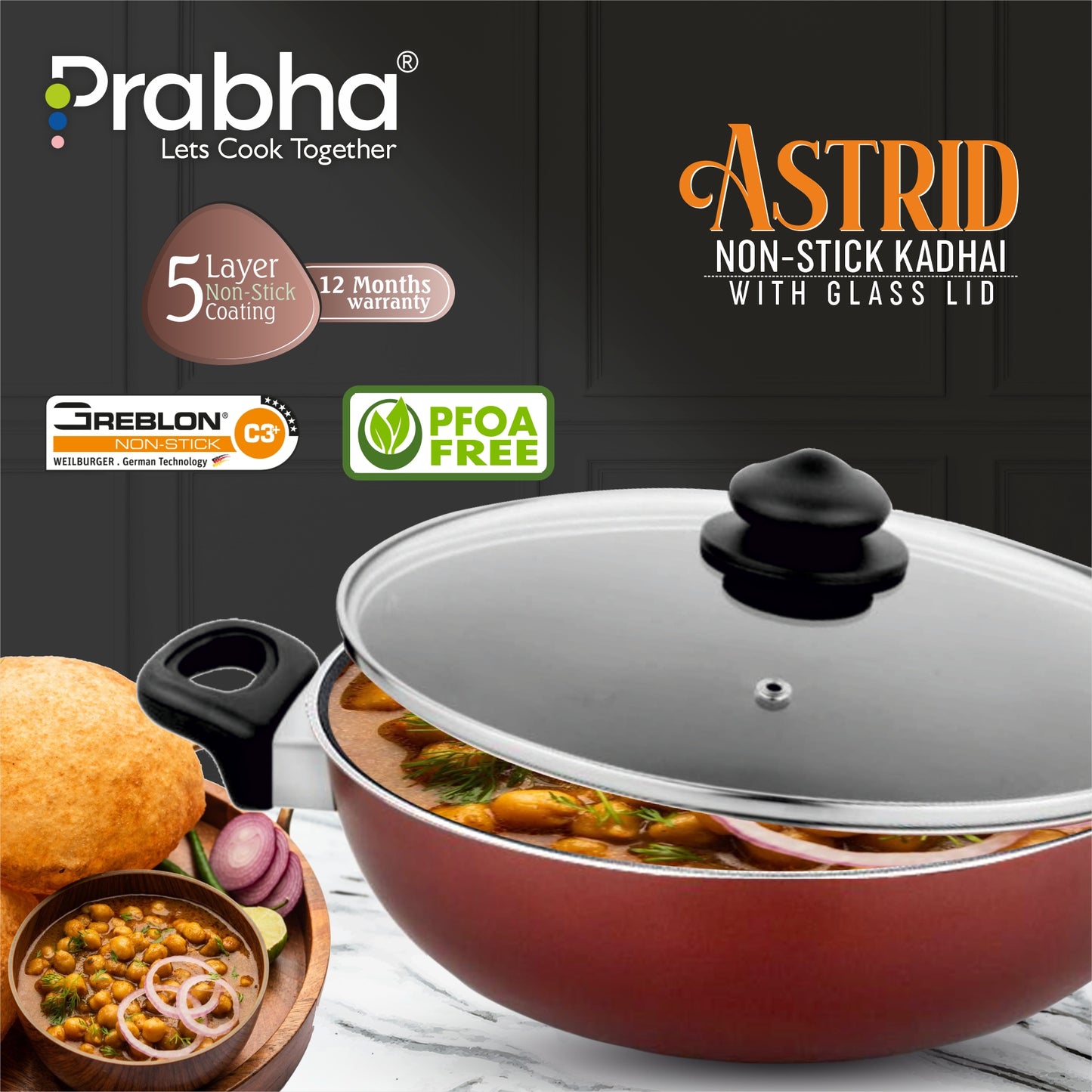 Astrid Nonstick Deep Kadhai With Glass Lid