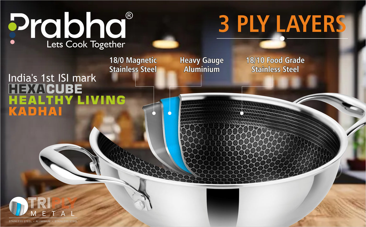 Tri-ply Hexa Cube Kadhai With Lid With Honeycomb Surface