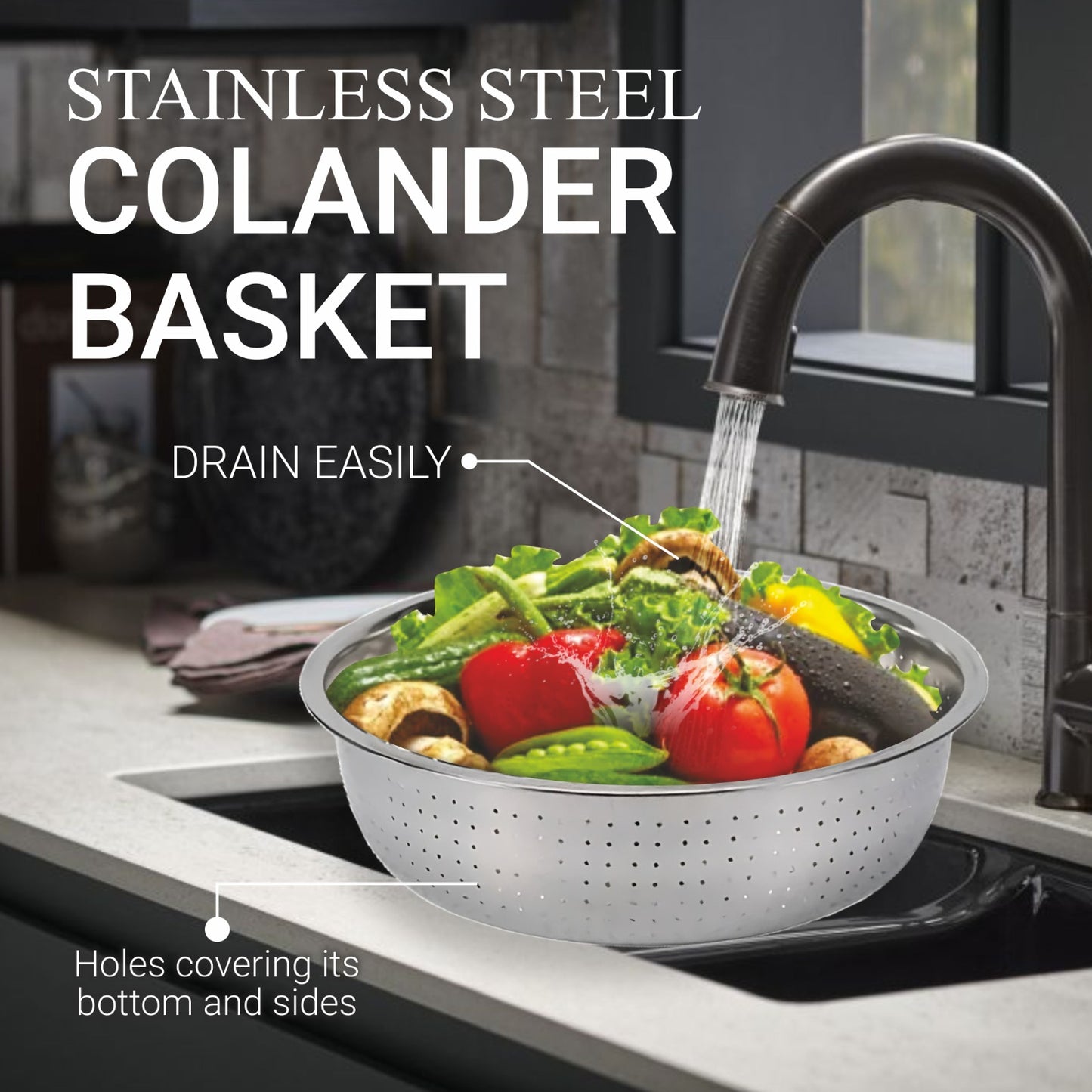 Prabha Colander Stainless Steel Strainer Sieves 30cm | Kitchen Strainer with Handle-Essential Kitchen | Colanders Bowl, Basket | Colander for Rice Straining Washing Fruits, Vegetables