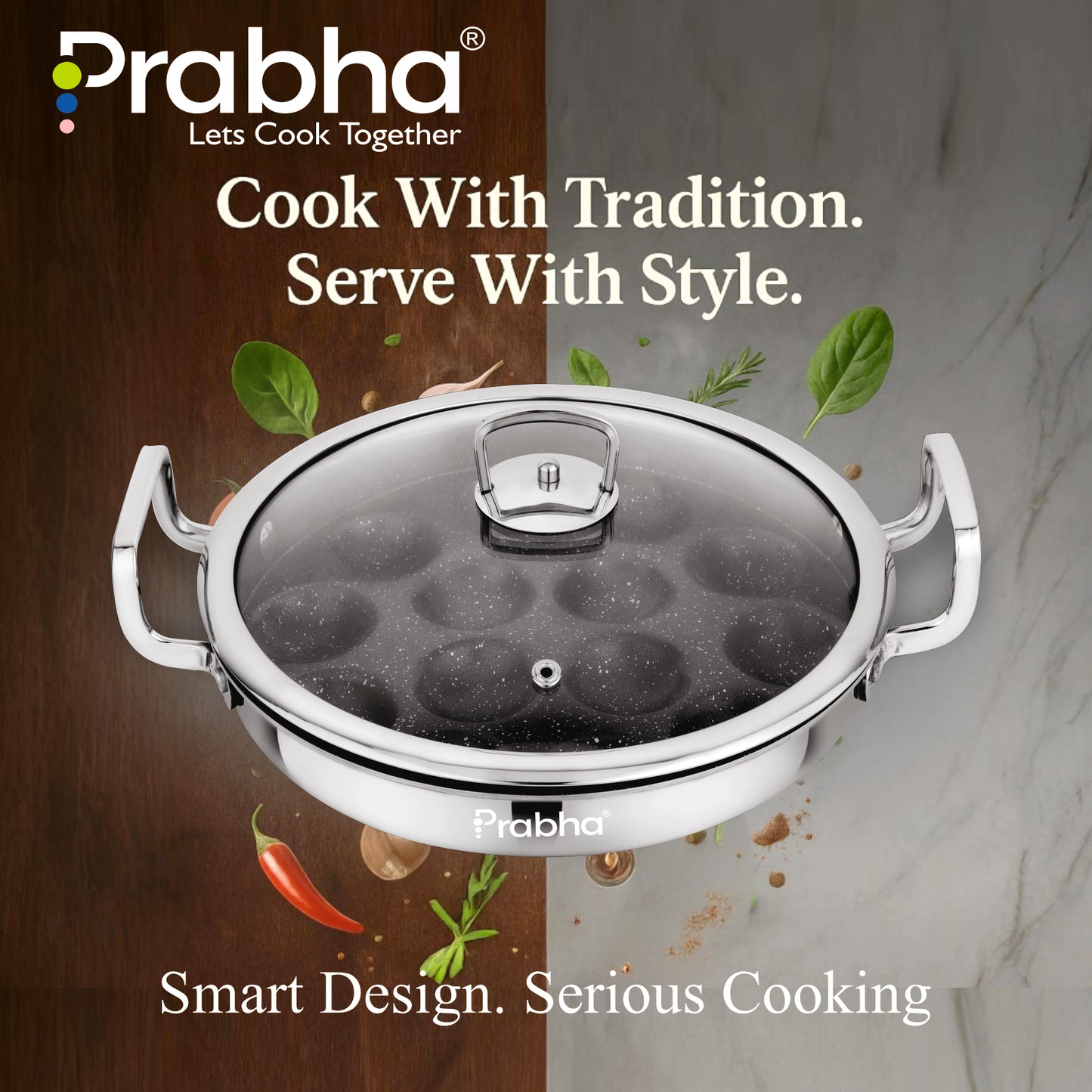 Amber Tri-ply Stainless Steel Stick-Resistant Paniyarakal With 14 Pits 26cm