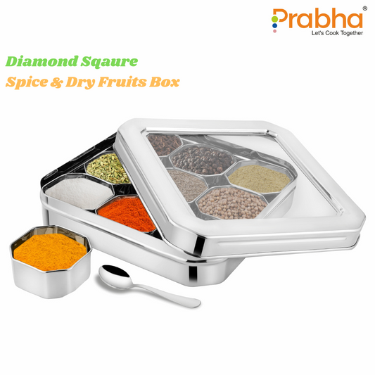 Stainless Steel Diamond Sqaure, Spice & Dry Fruits Container With See Through Glass Lid - Prabha
