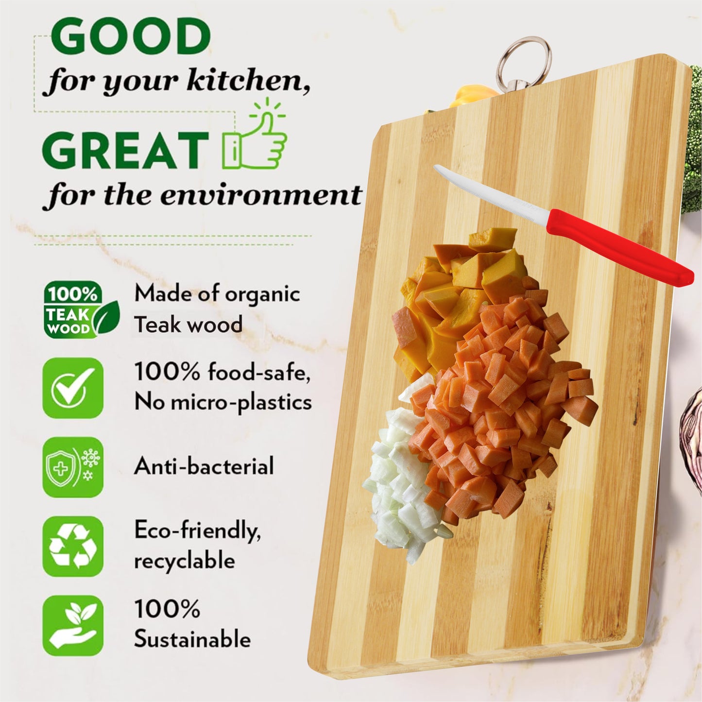 Wooden Chopping Board With Steel Hook For Hanging