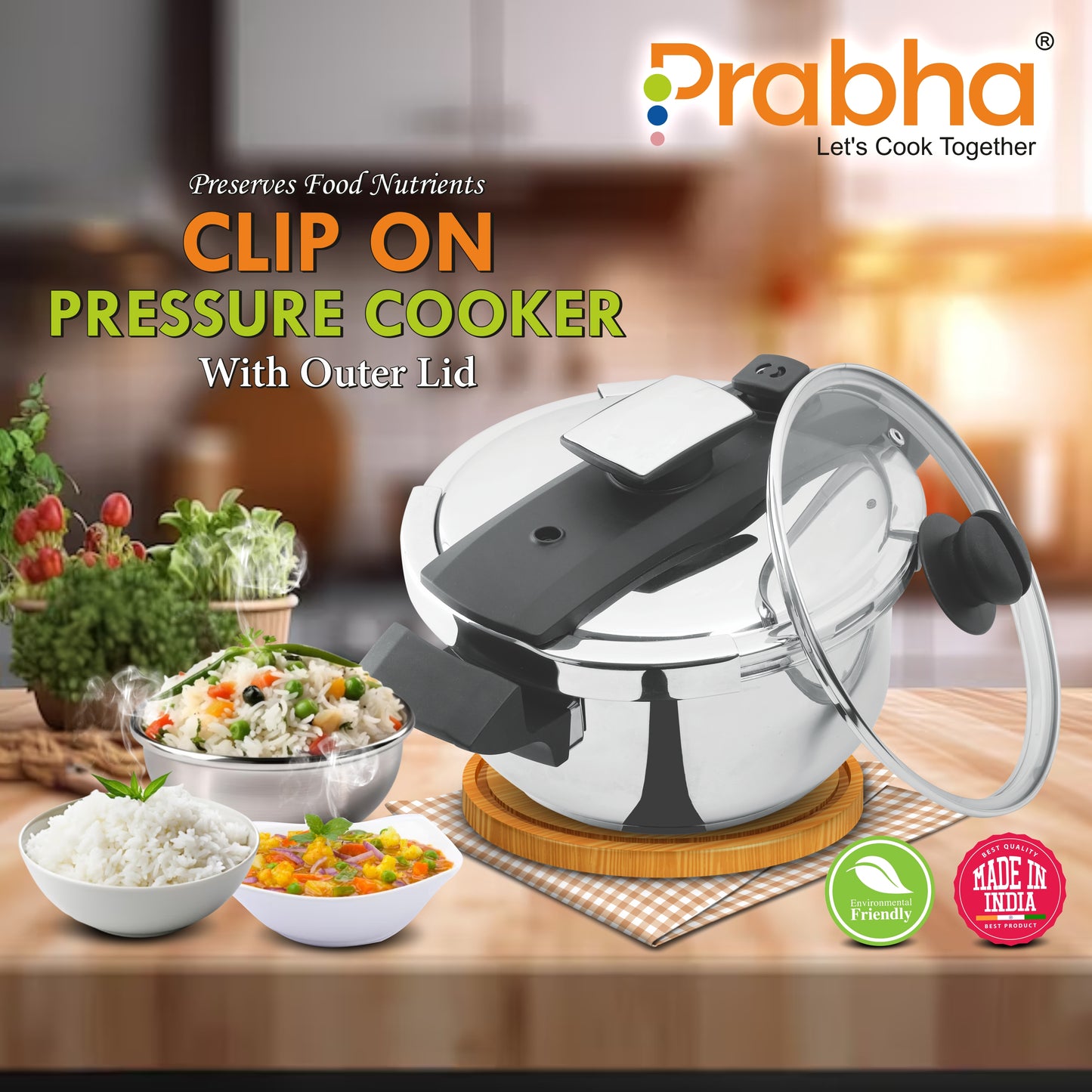 Stainless Steel Clip On Pressure Cooker With Outer Lid