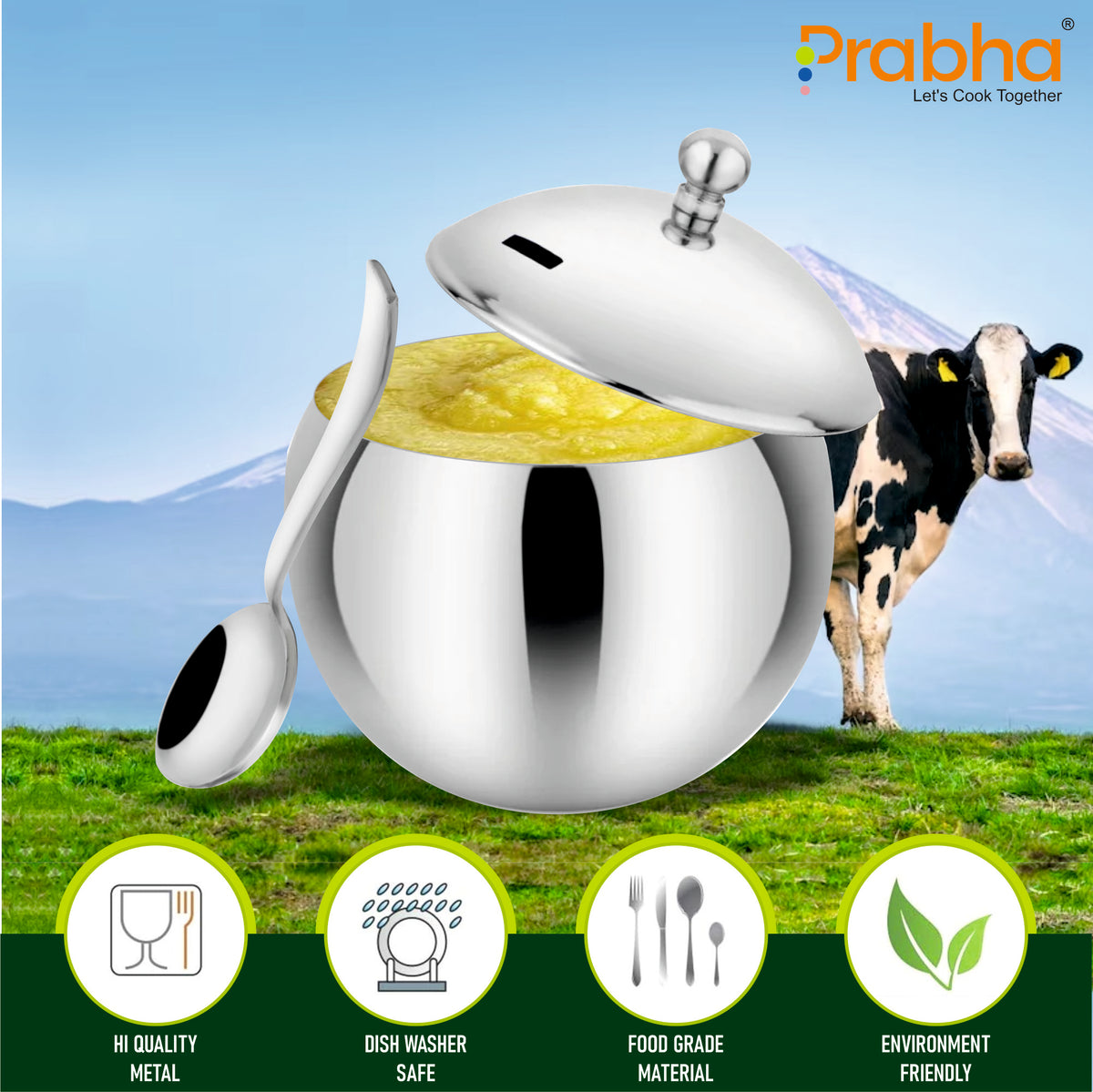 Stainless Steel Cure Ghee Pot For For Kitchen And Mandir Prabhasteel
