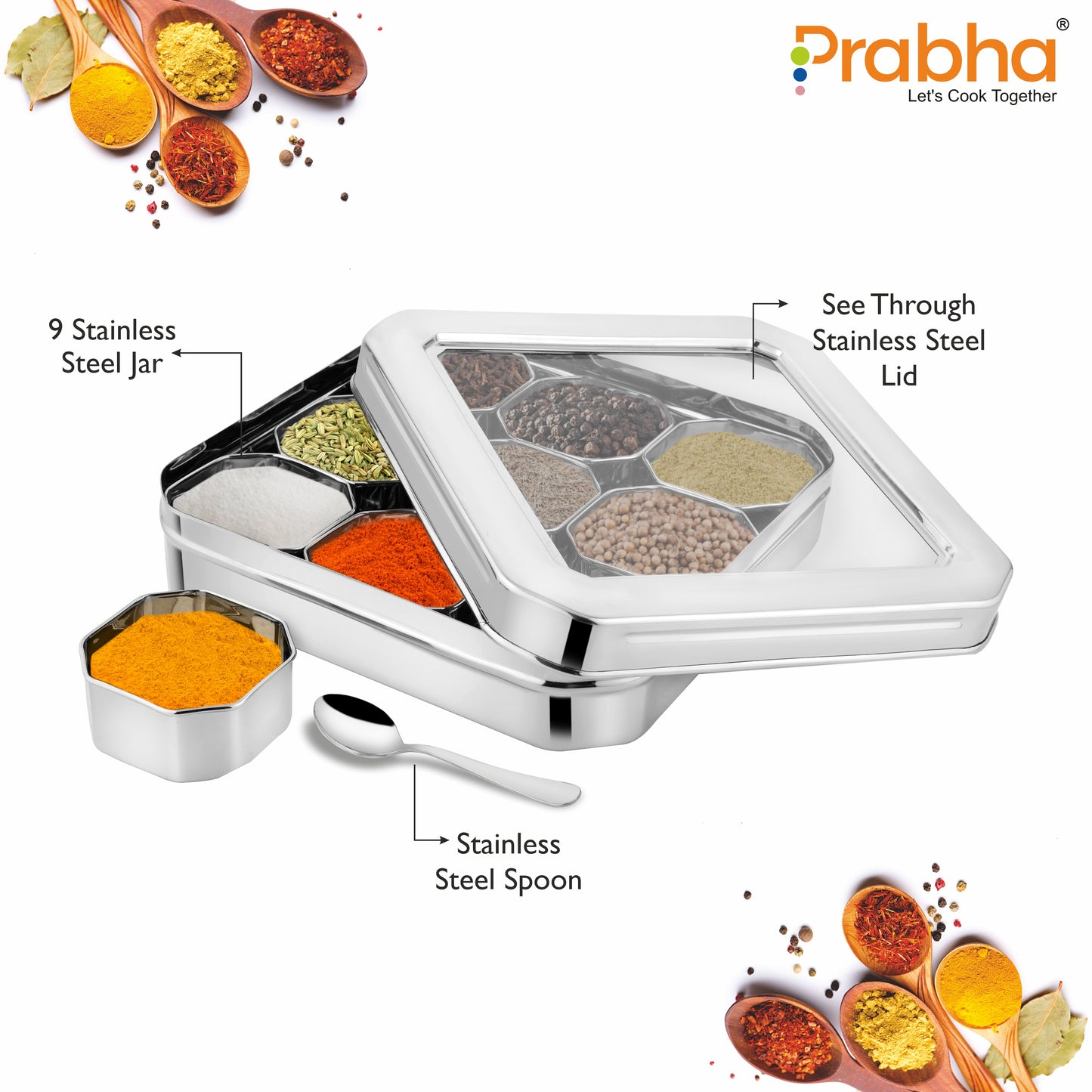 Stainless Steel Diamond Sqaure, Spice & Dry Fruits Container With See Through Glass Lid - Prabha