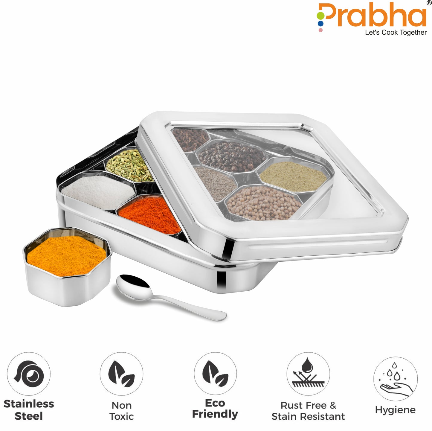 Stainless Steel Diamond Sqaure, Spice & Dry Fruits Container With See Through Glass Lid - Prabha