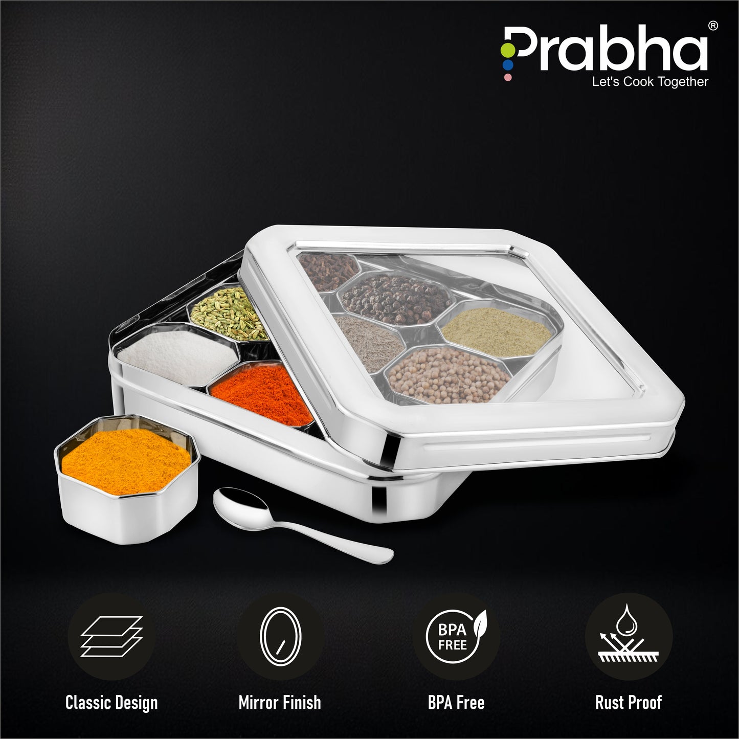Stainless Steel Diamond Sqaure, Spice & Dry Fruits Container With See Through Glass Lid - Prabha