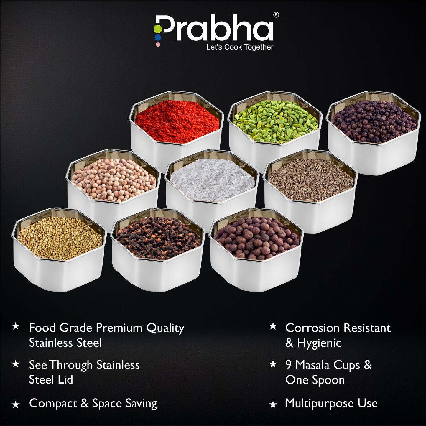 Stainless Steel Diamond Sqaure, Spice & Dry Fruits Container With See Through Glass Lid - Prabha