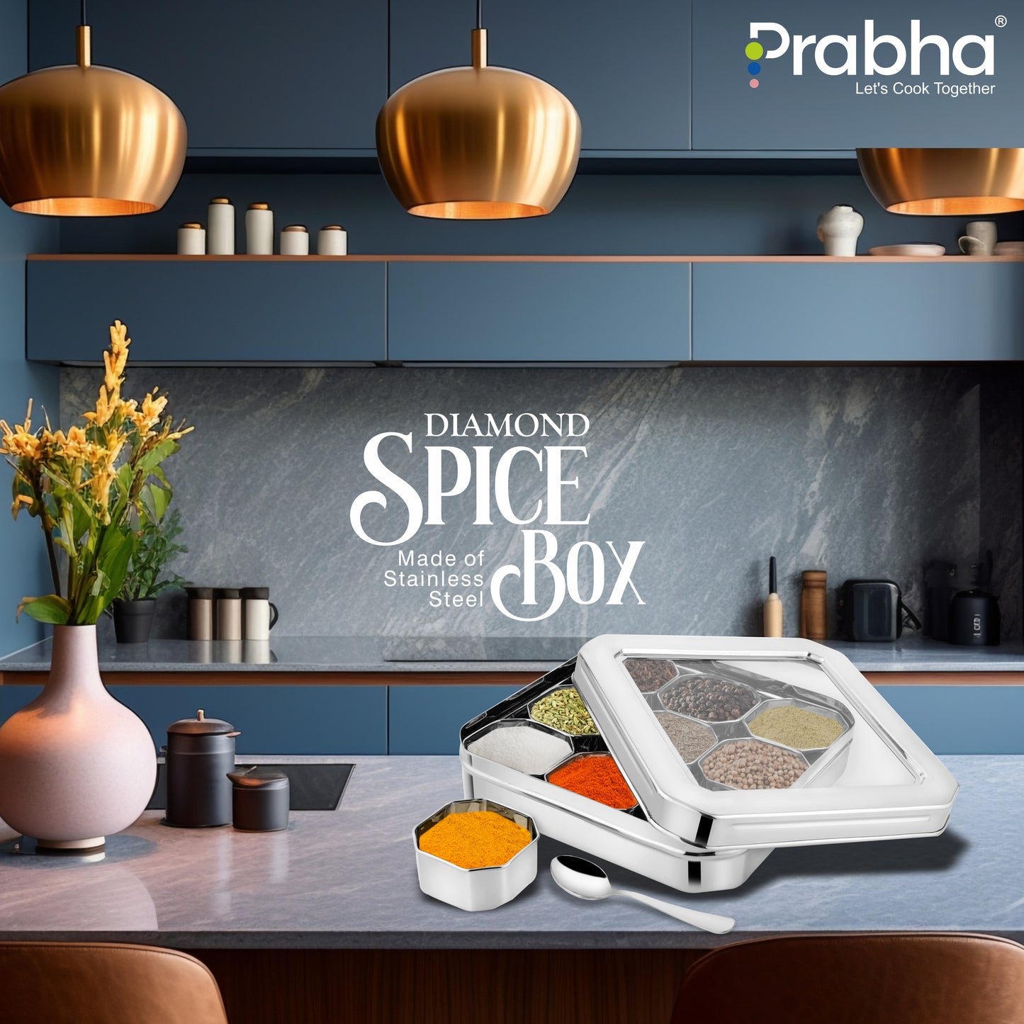 Stainless Steel Diamond Sqaure, Spice & Dry Fruits Container With See Through Glass Lid - Prabha
