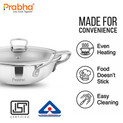 Elante Tri-Ply Kadhai With Glass Lid | With Oil Drainer
