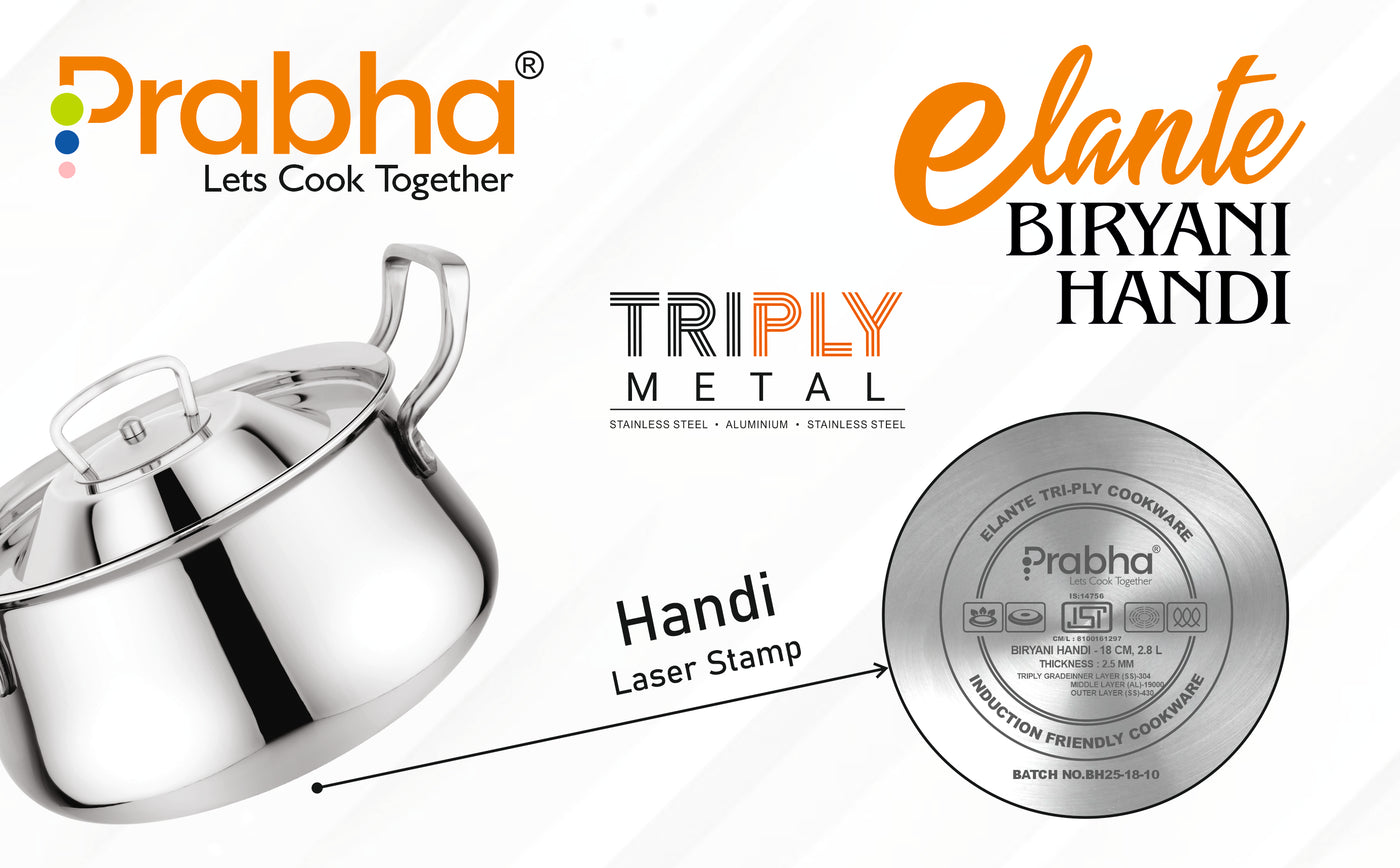 Elante Tri-Ply Biryani Handi with Lid | Premium Stainless Steel Induction Compatible Cooking Handi