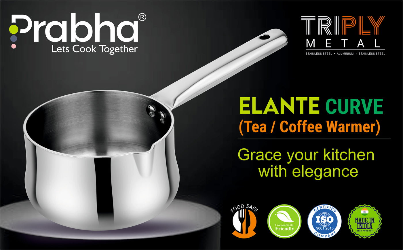 Elante Triply Curve Tea & Coffee Warmer with Pouring Lip | Tri-Ply Stainless Steel Beverage Warmer | Induction Compatible