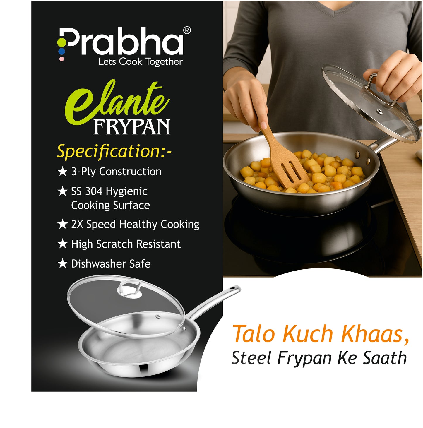 Elante Triply Frypan With Glass Lid