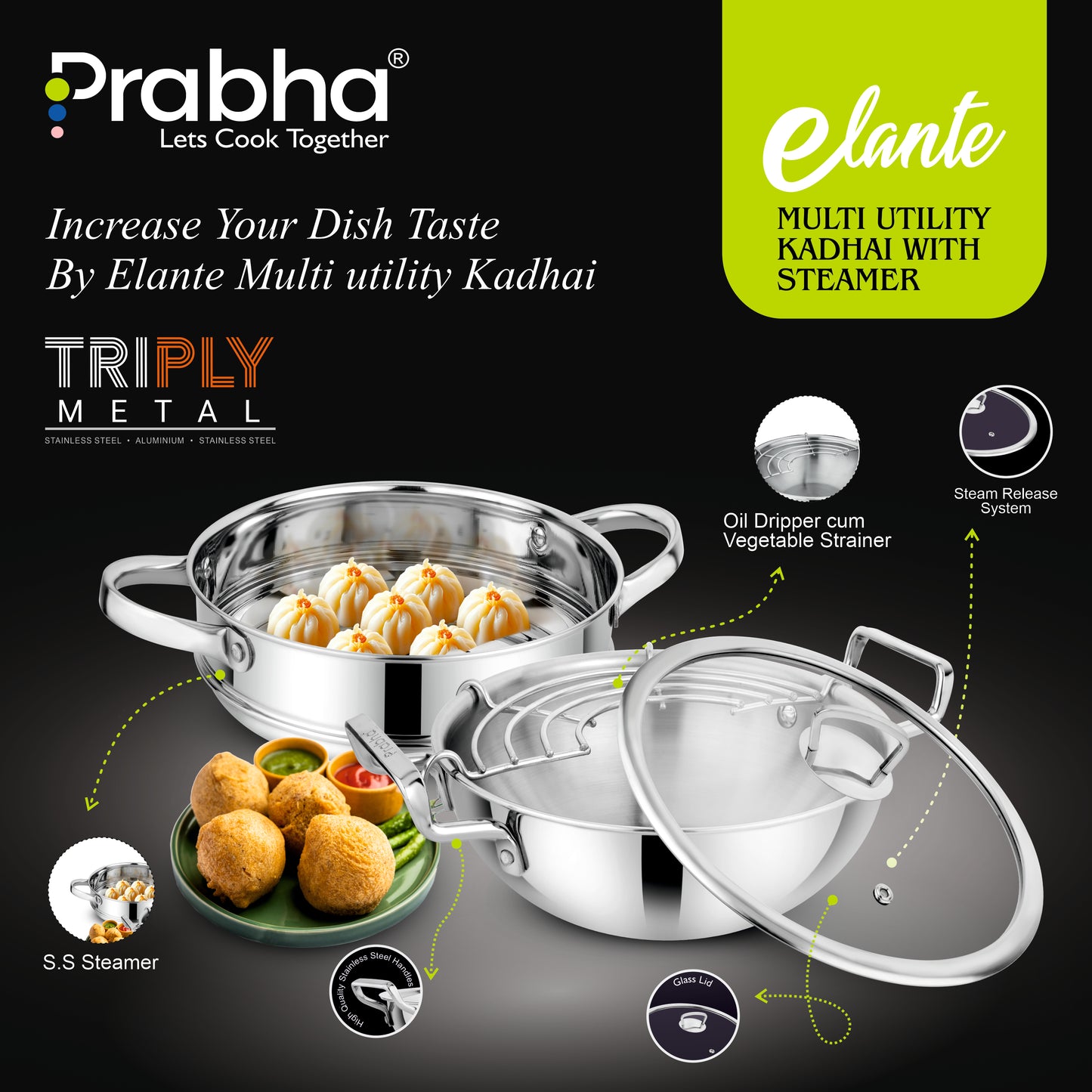 Elante Tri-Ply Kadhai & Steamer With Glass Lid