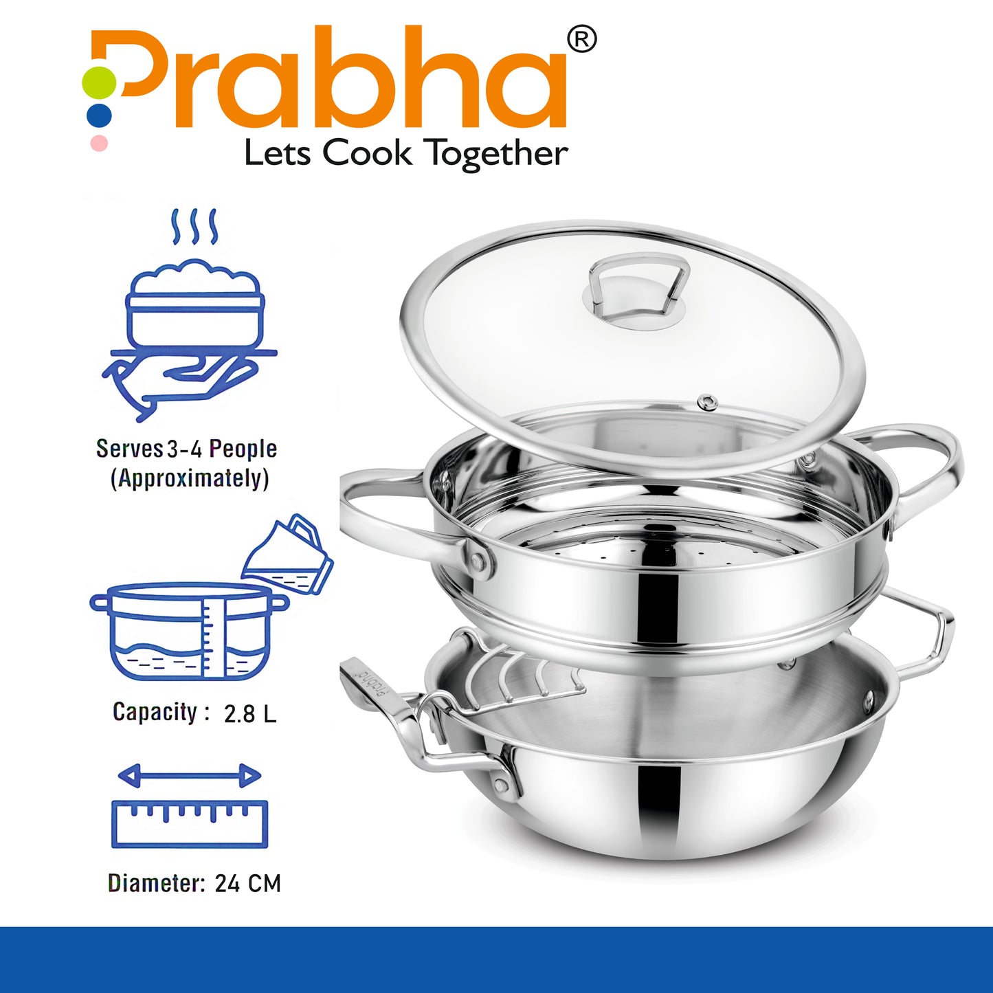 Elante Tri-Ply Kadhai & Steamer With Glass Lid