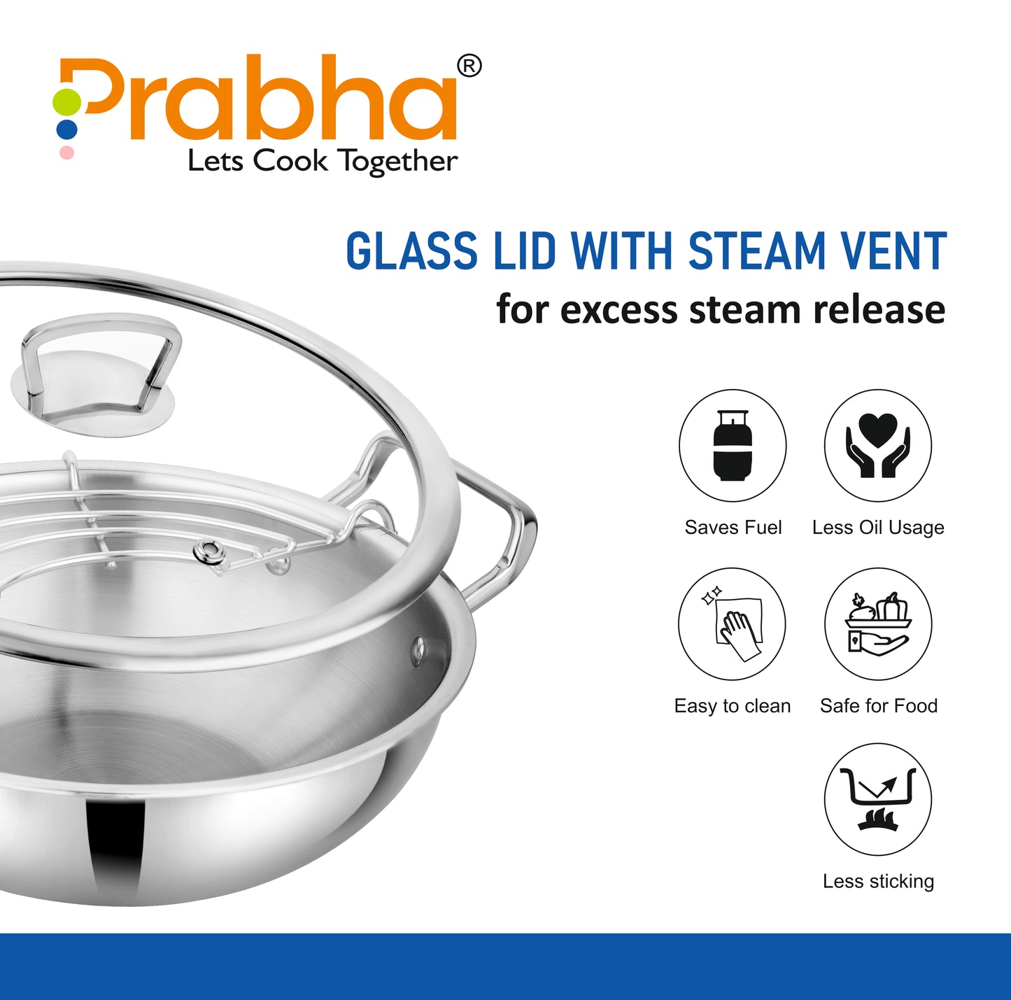 Elante Tri-Ply Kadhai & Steamer With Glass Lid
