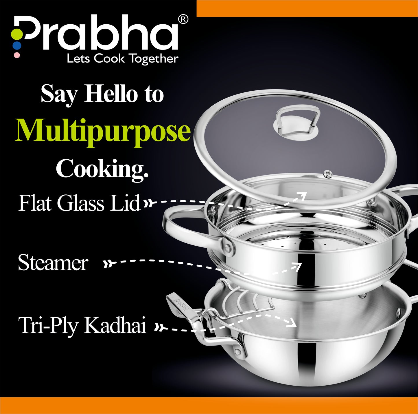 Elante Tri-Ply Kadhai & Steamer With Glass Lid