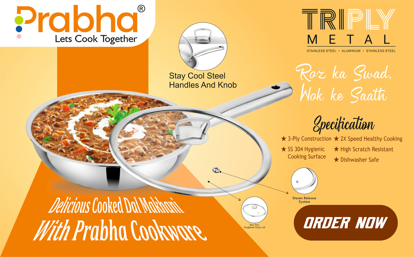 Elante Triply Wok With Glass Lid