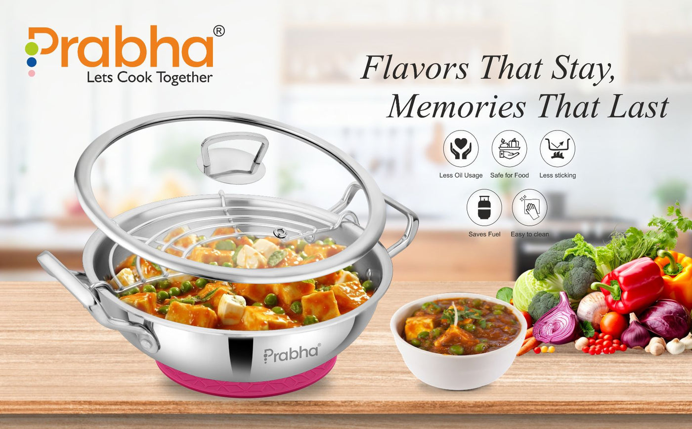 Elante Tri-Ply Kadhai With Glass Lid | With Oil Drainer