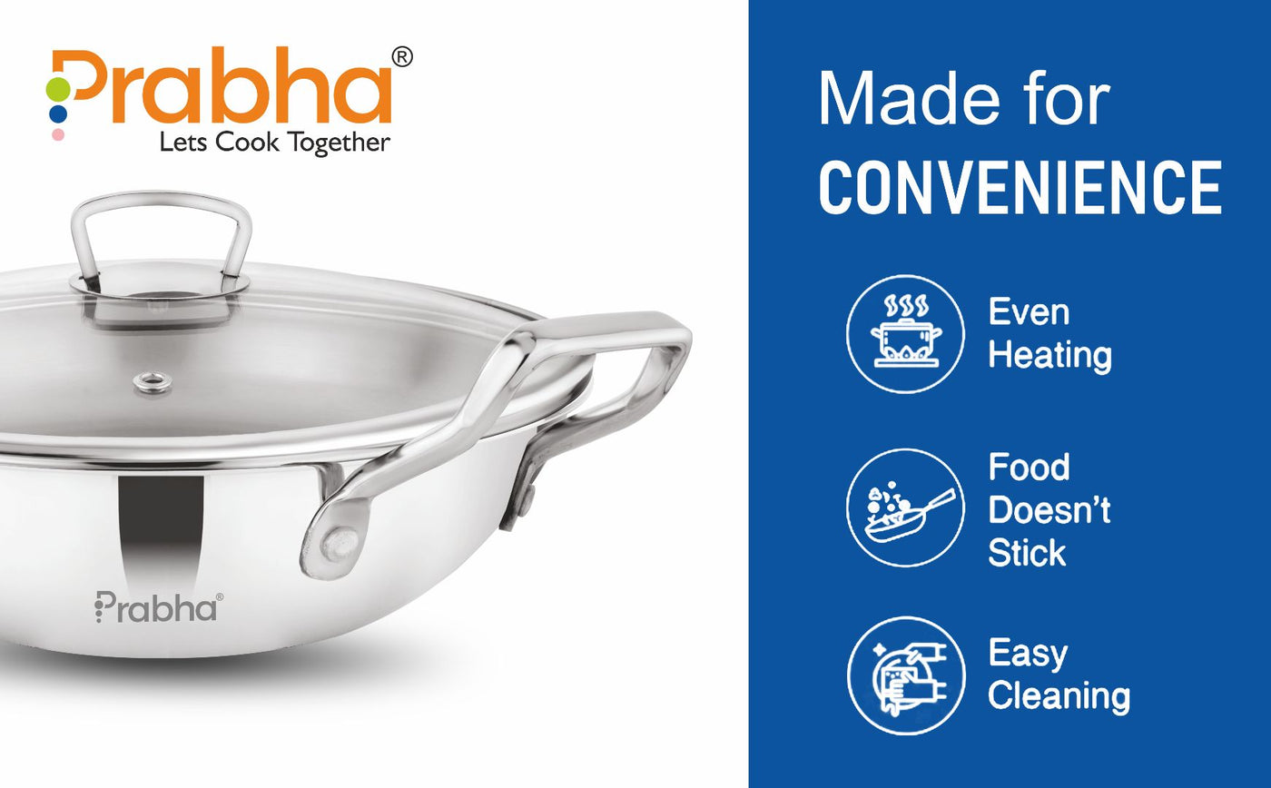 Elante Tri-Ply Kadhai With Glass Lid | With Oil Drainer