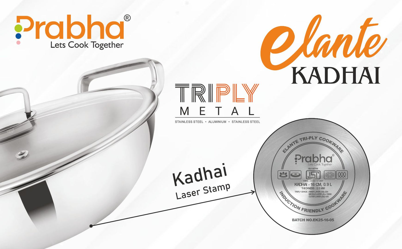 Elante Tri-Ply Kadhai With Glass Lid | With Oil Drainer