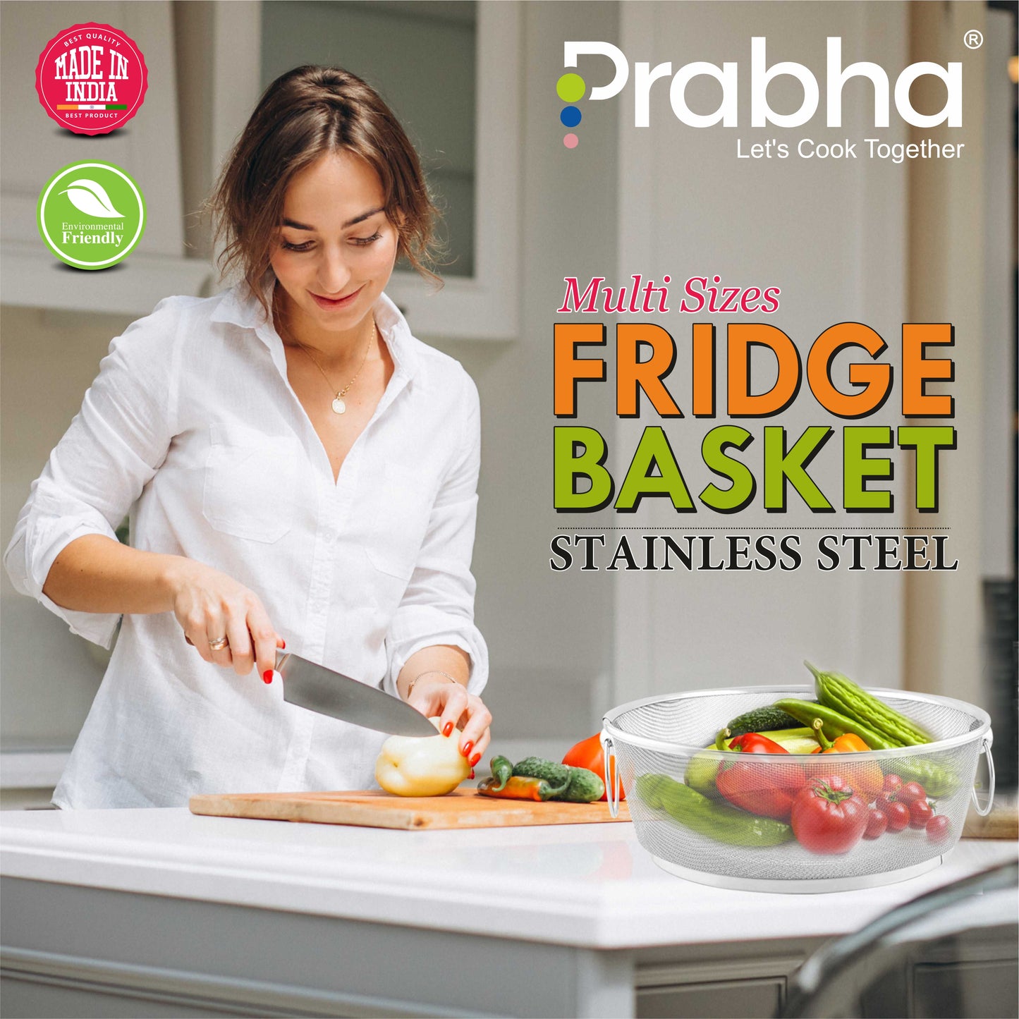 Stainless Steel Round Fridge Basket With Handle for Home & Kitchen Use