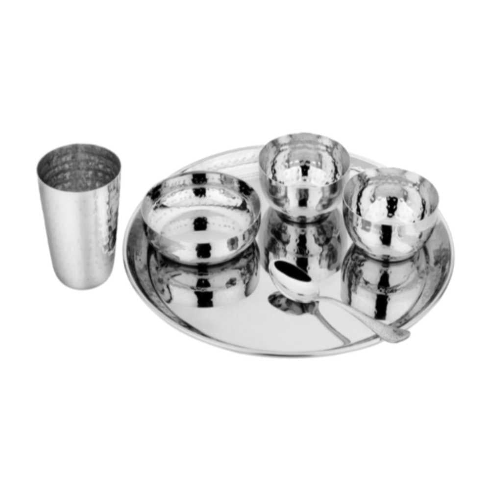 4 Complete Set of 6 Stainless Steel items containing Dinner Plate, Halwa Plate, store 2 Katori Bowl Glass Spoon total 24 items Worldwide Shipping