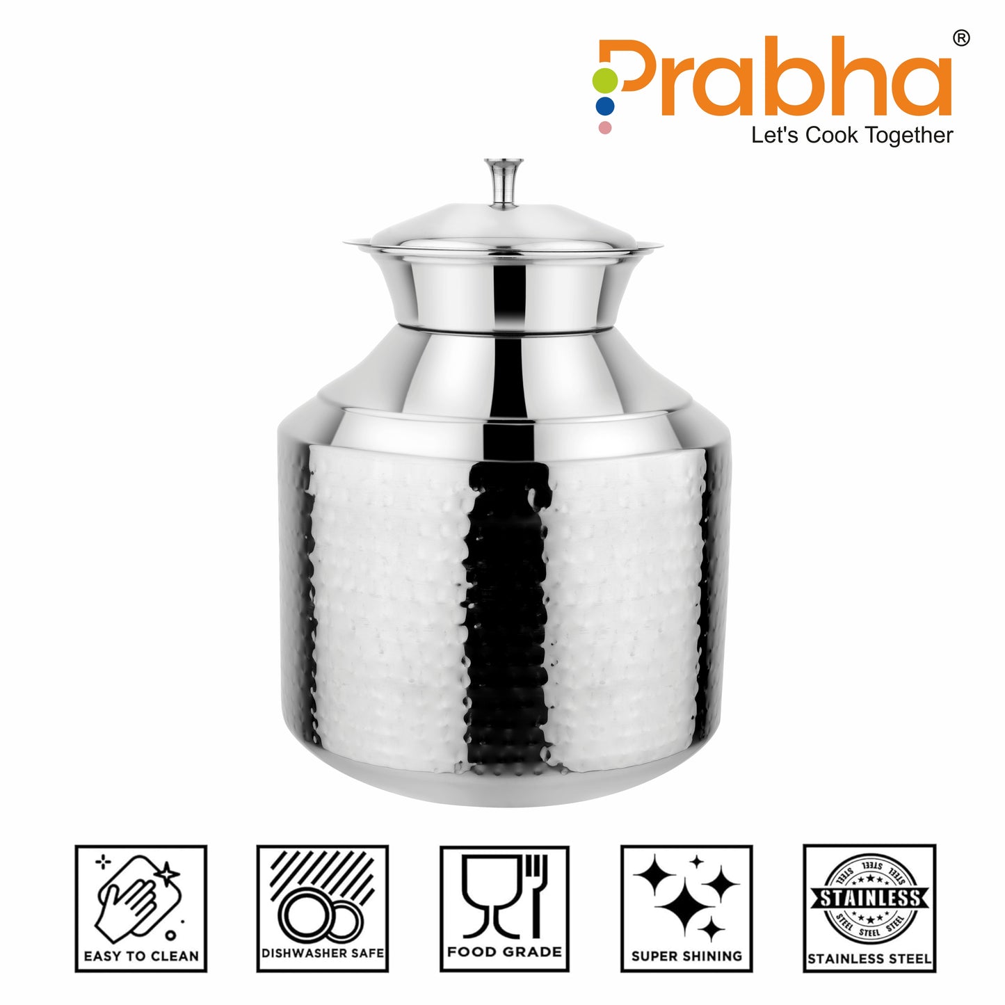 Stainless Steel Water Storing Maharaja Hammered Matki for Home & Kitchen (5 Litres) - Prabha