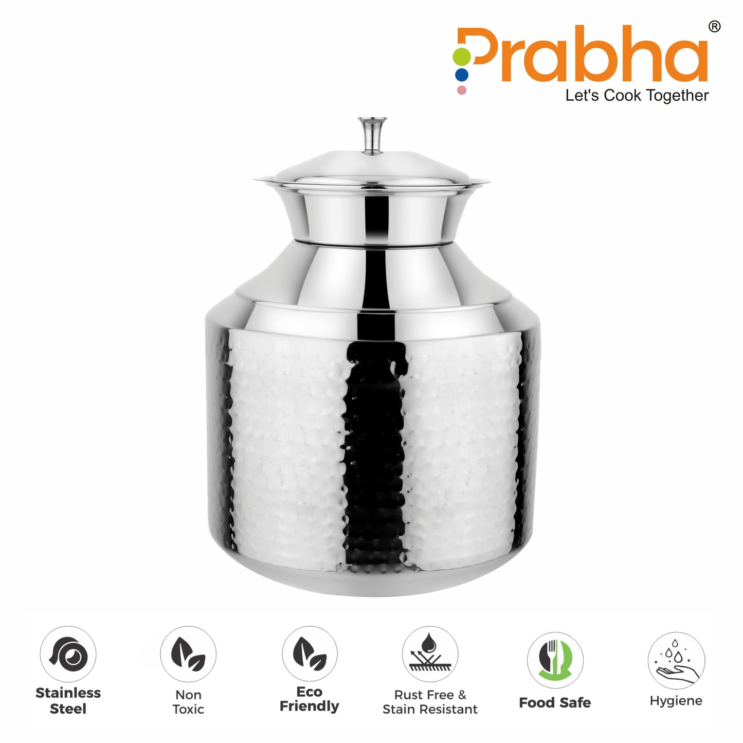 Stainless Steel Water Storing Maharaja Hammered Matki for Home & Kitchen (5 Litres) - Prabha