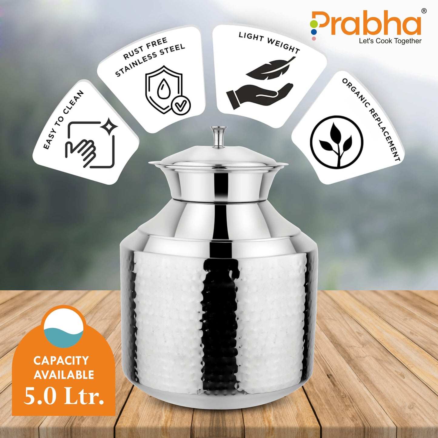 Stainless Steel Water Storing Maharaja Hammered Matki for Home & Kitchen (5 Litres) - Prabha