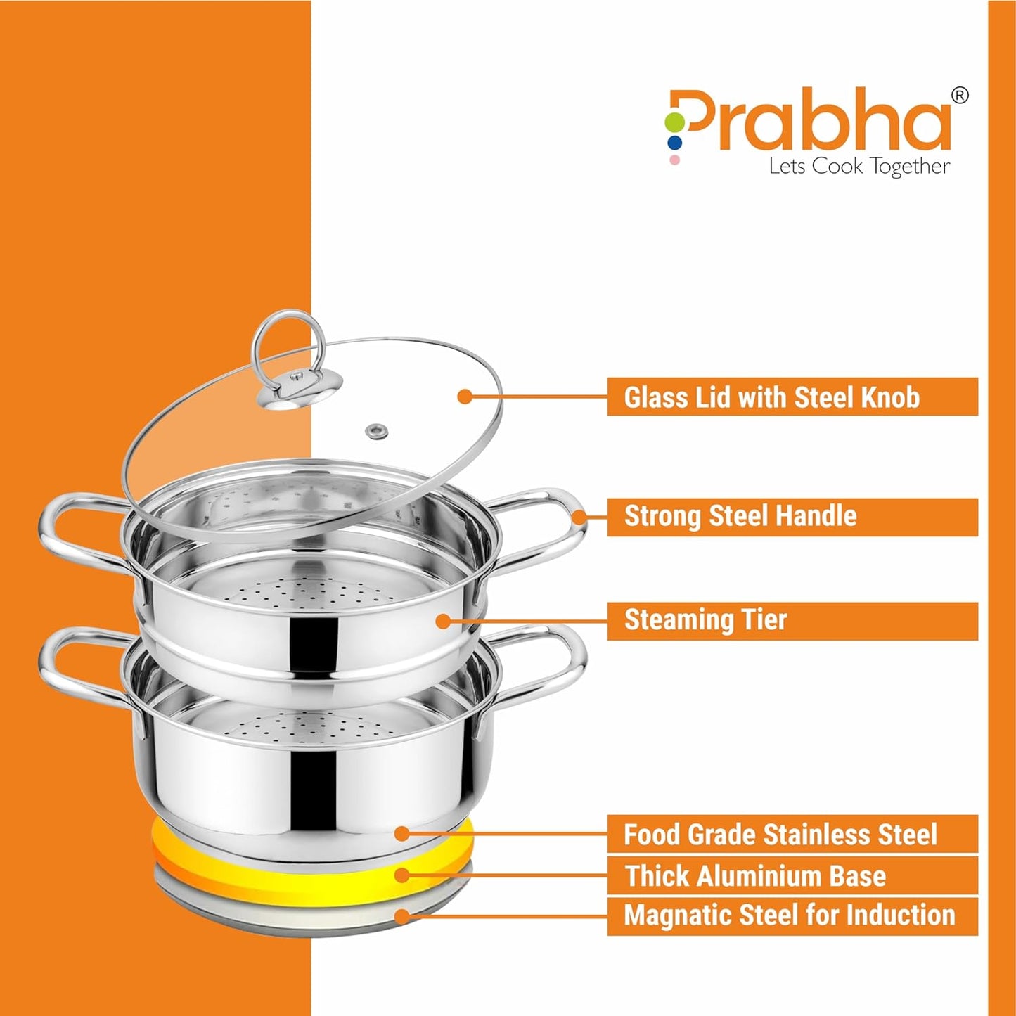 Stainless Steel Induction Base Steamer With Transparent Glass Lid, 2 Tier