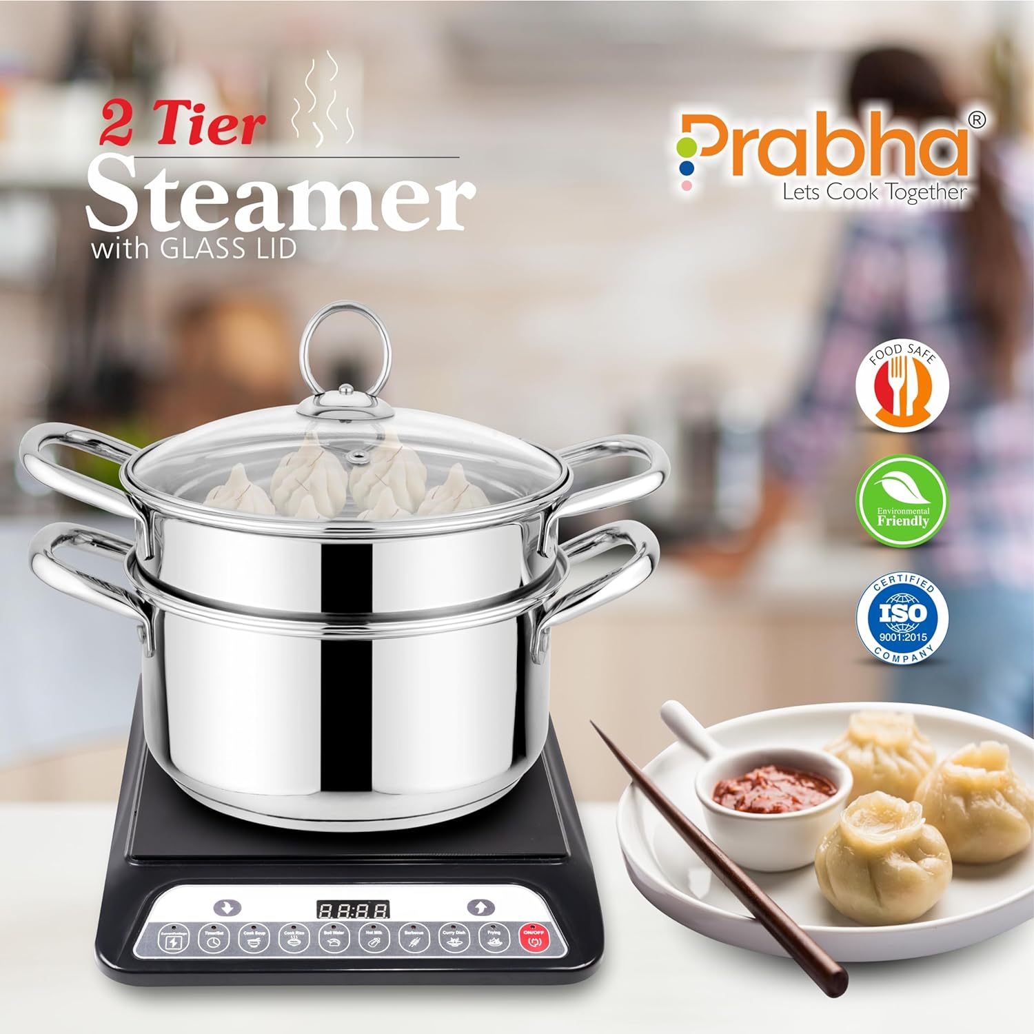 Stainless Steel Induction Base Steamer With Transparent Glass Lid, 2 Tier