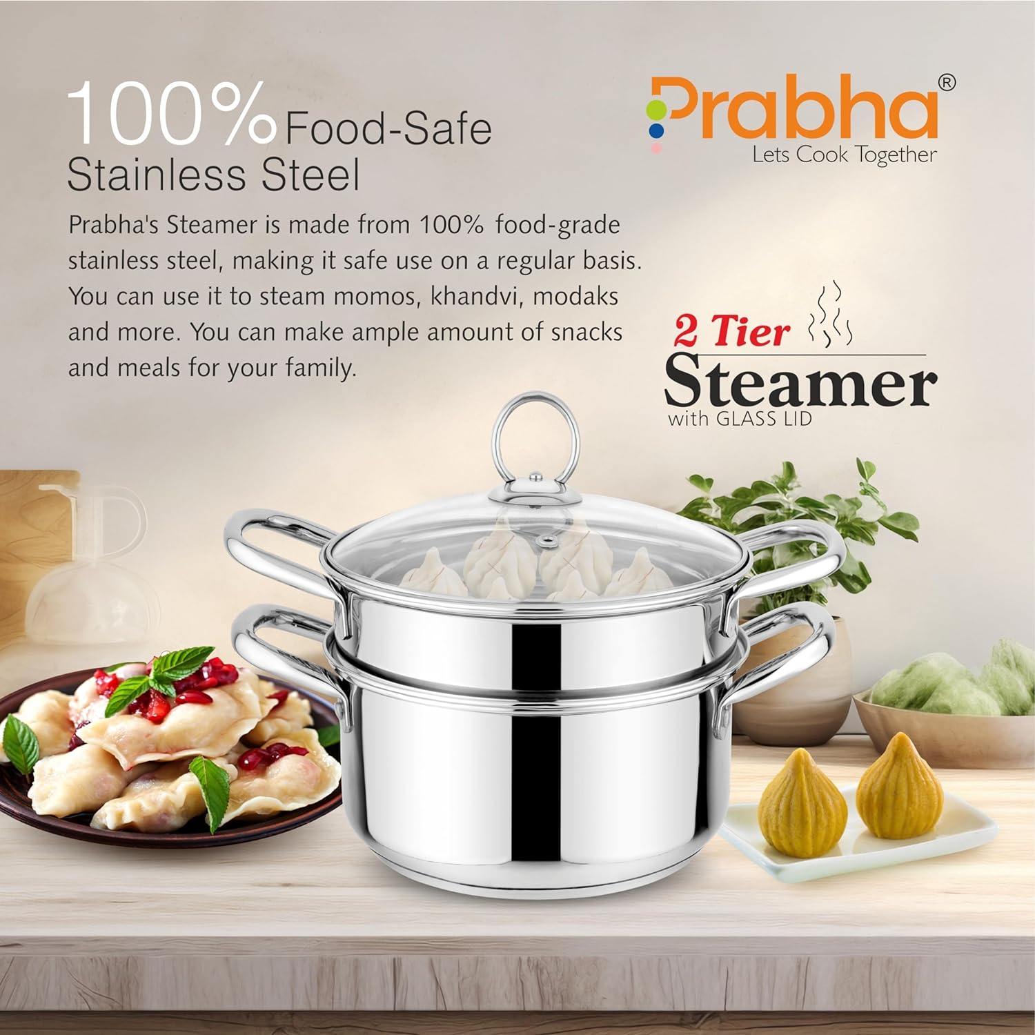 Stainless Steel Induction Base Steamer With Transparent Glass Lid, 2 Tier
