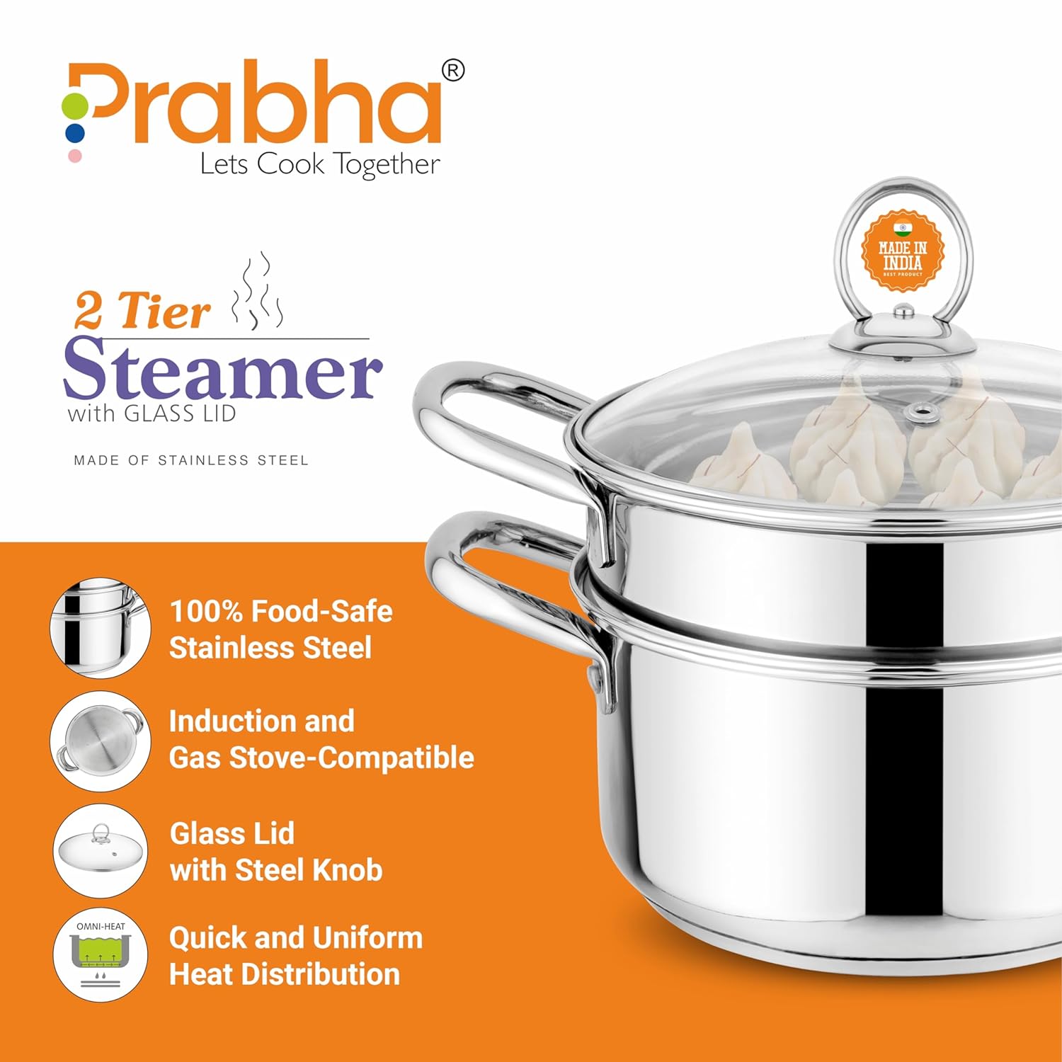 Stainless Steel Induction Base Steamer With Transparent Glass Lid, 2 Tier