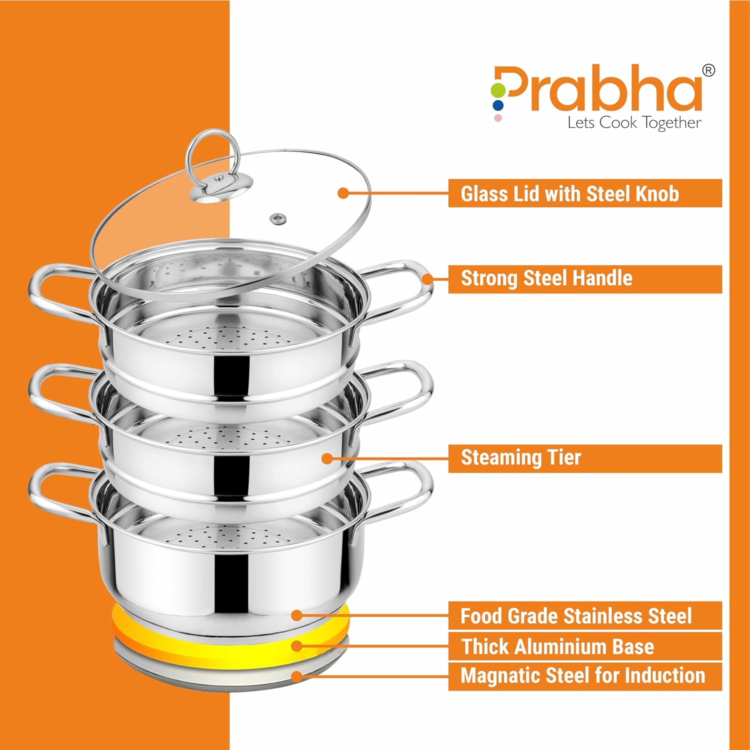 Stainless Steel Induction Base Steamer With Transparent Glass Lid, 3 Tier