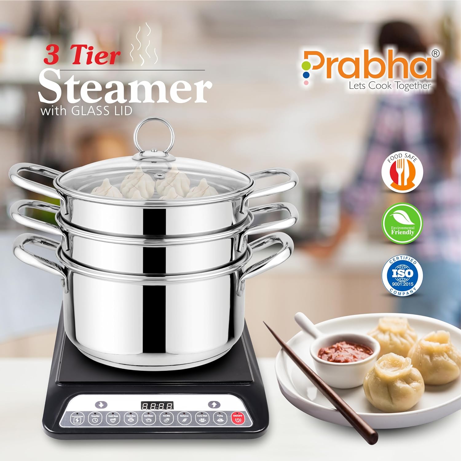 Stainless Steel Induction Base Steamer With Transparent Glass Lid, 3 Tier