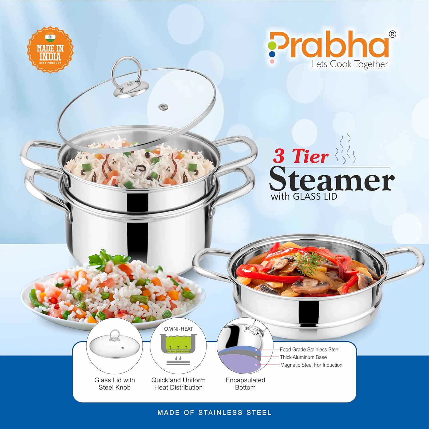 Stainless Steel Induction Base Steamer With Transparent Glass Lid, 3 Tier