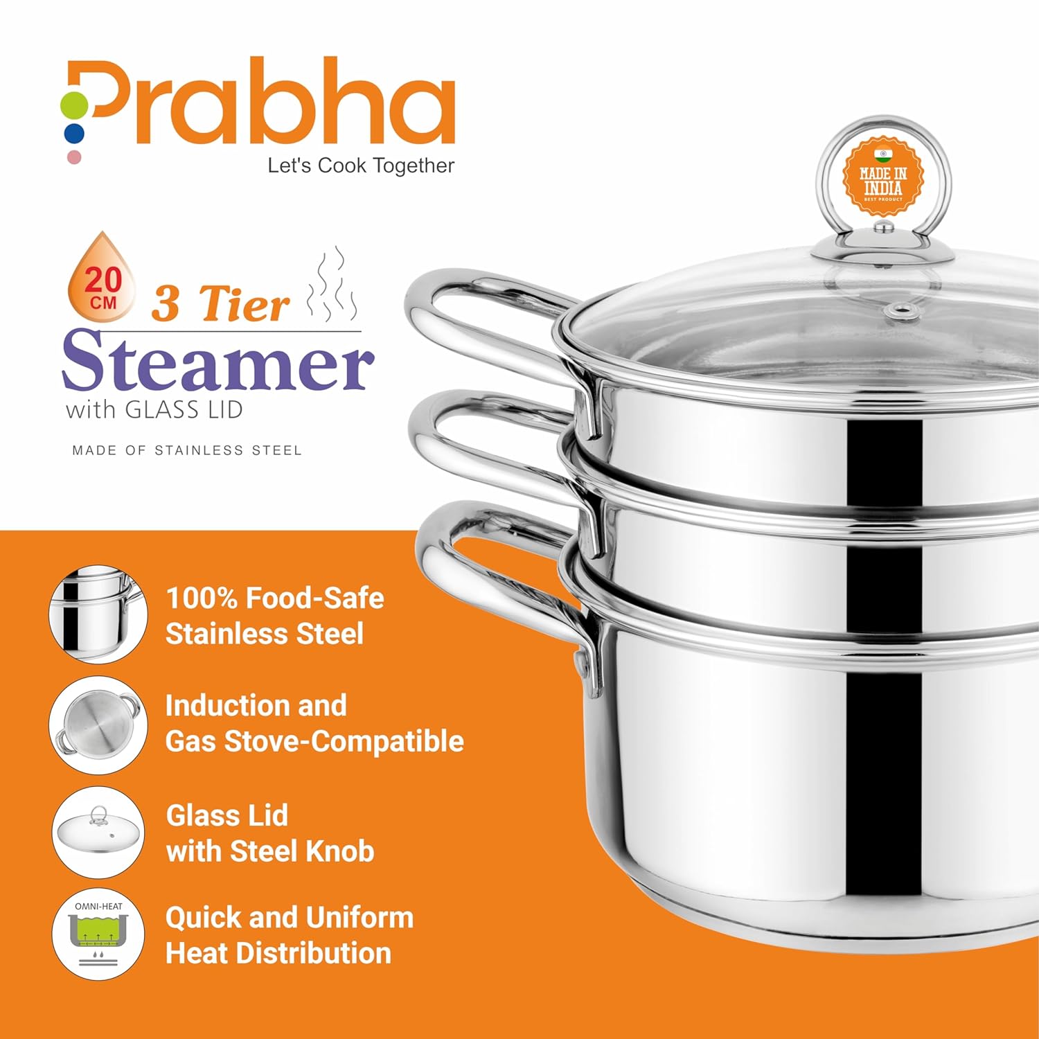 Stainless Steel Induction Base Steamer With Transparent Glass Lid, 3 Tier