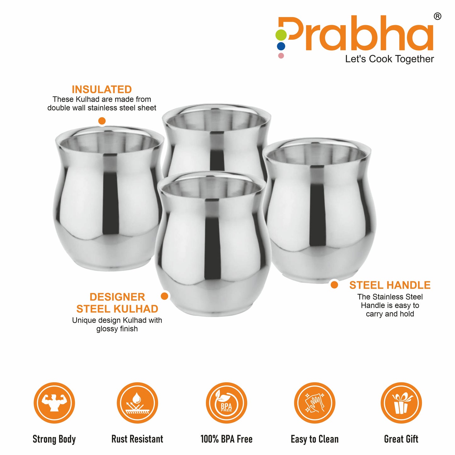 Stainless Steel Double Wall Kulhad Set for Water/Tea (Pack of 4)