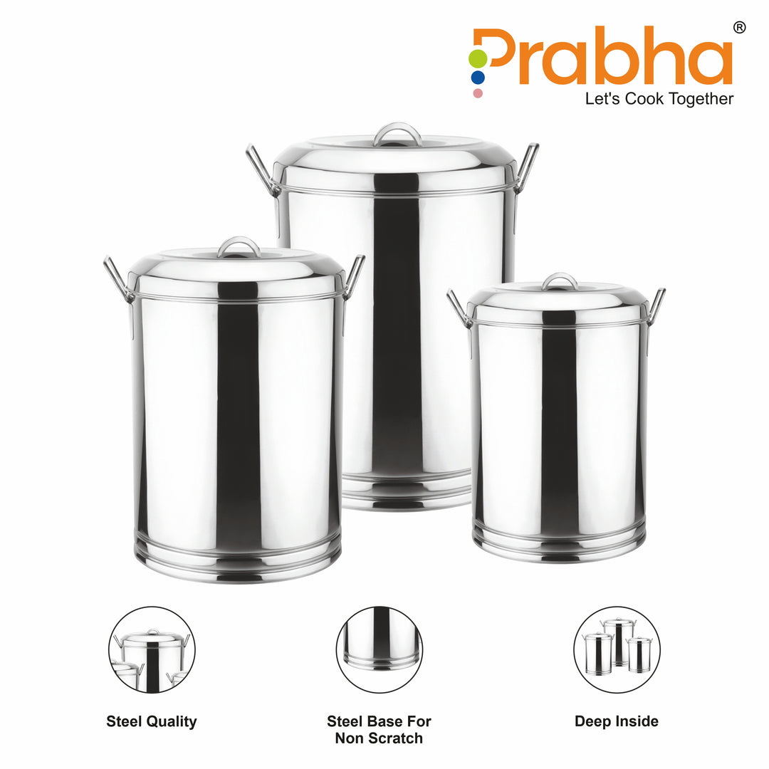 Stainless Steel Kunda Pawali Set of 3 (14", 16" 18") Storage Solution for Cereals