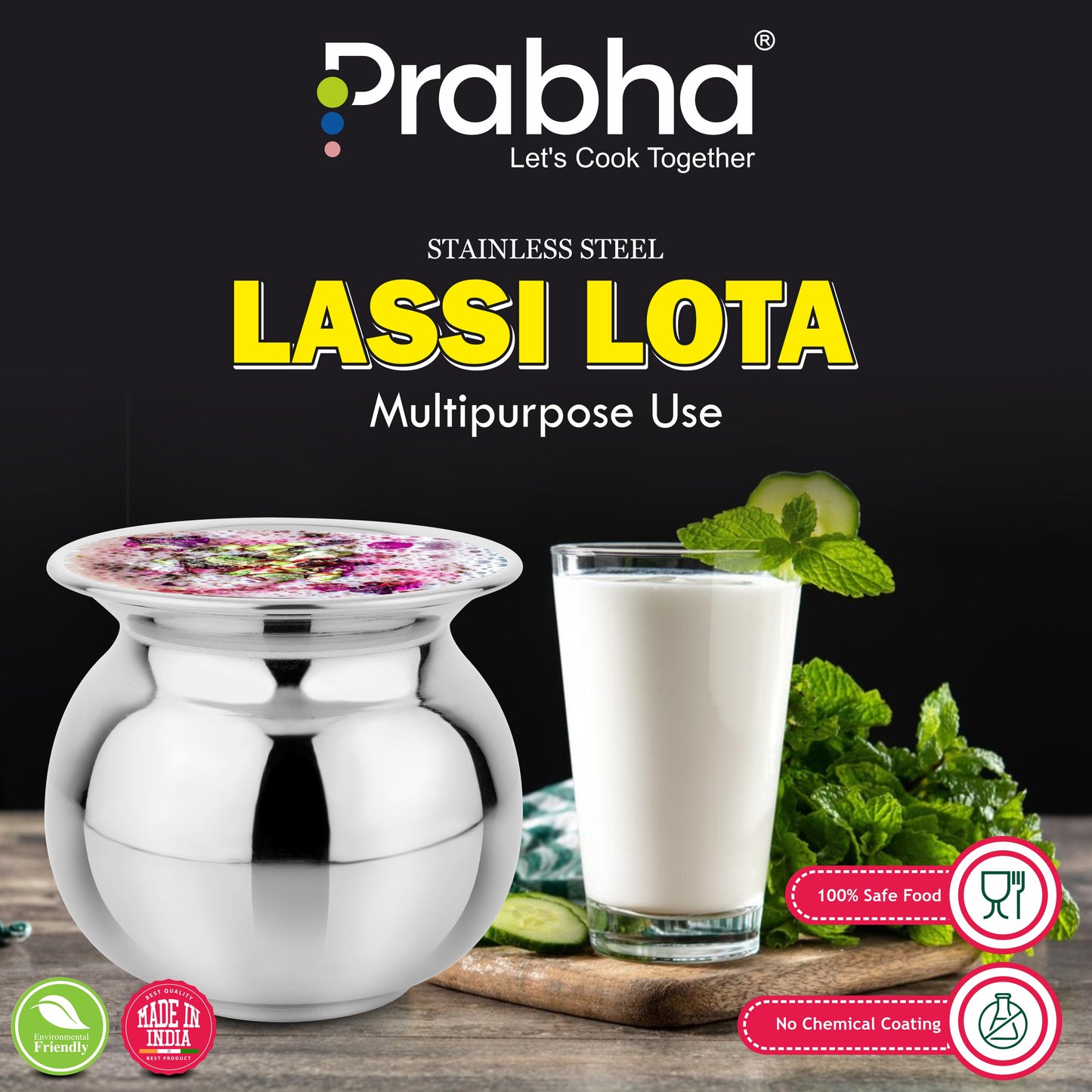 Stainless Steel Lassi Lota - Ideal for Home & Kitchen, Rust-Free Elegance - Prabha