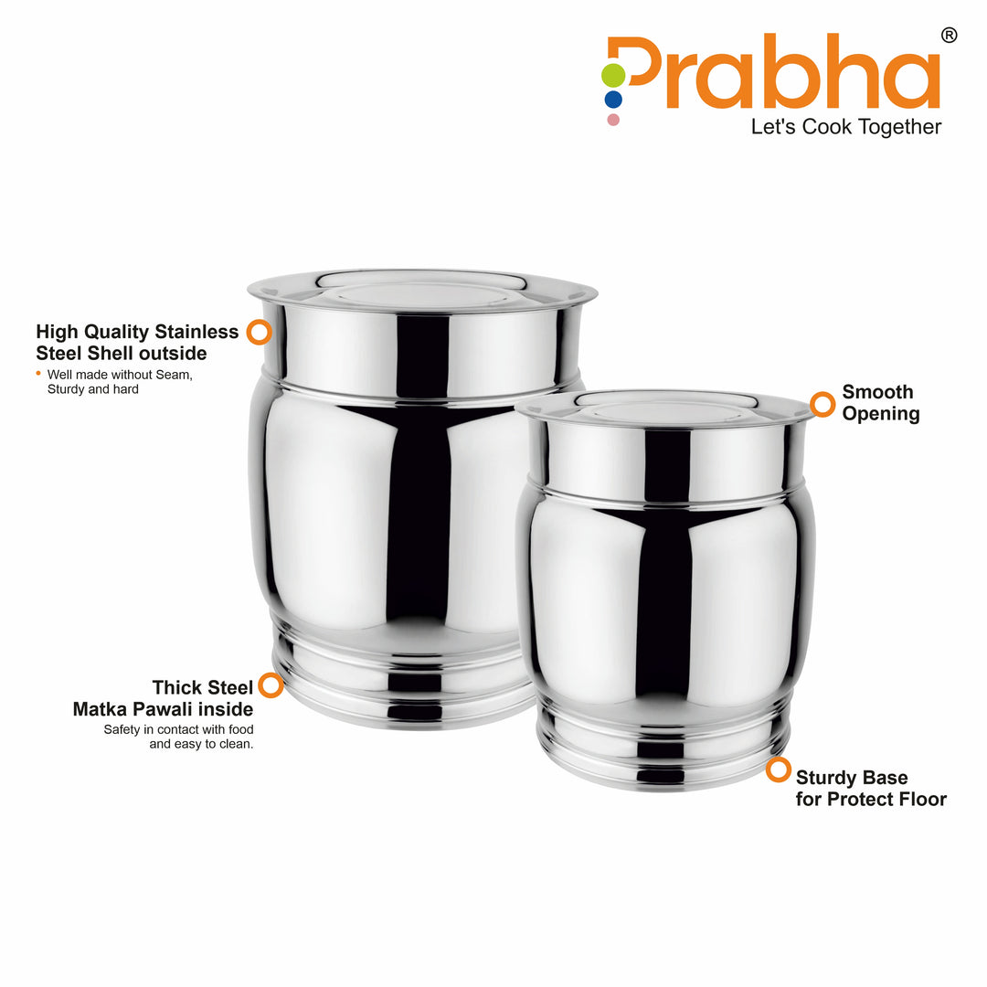 Stainless Steel Matka Pawali Set of 2 - Food-Grade Storage Solution for Home & Kitchen