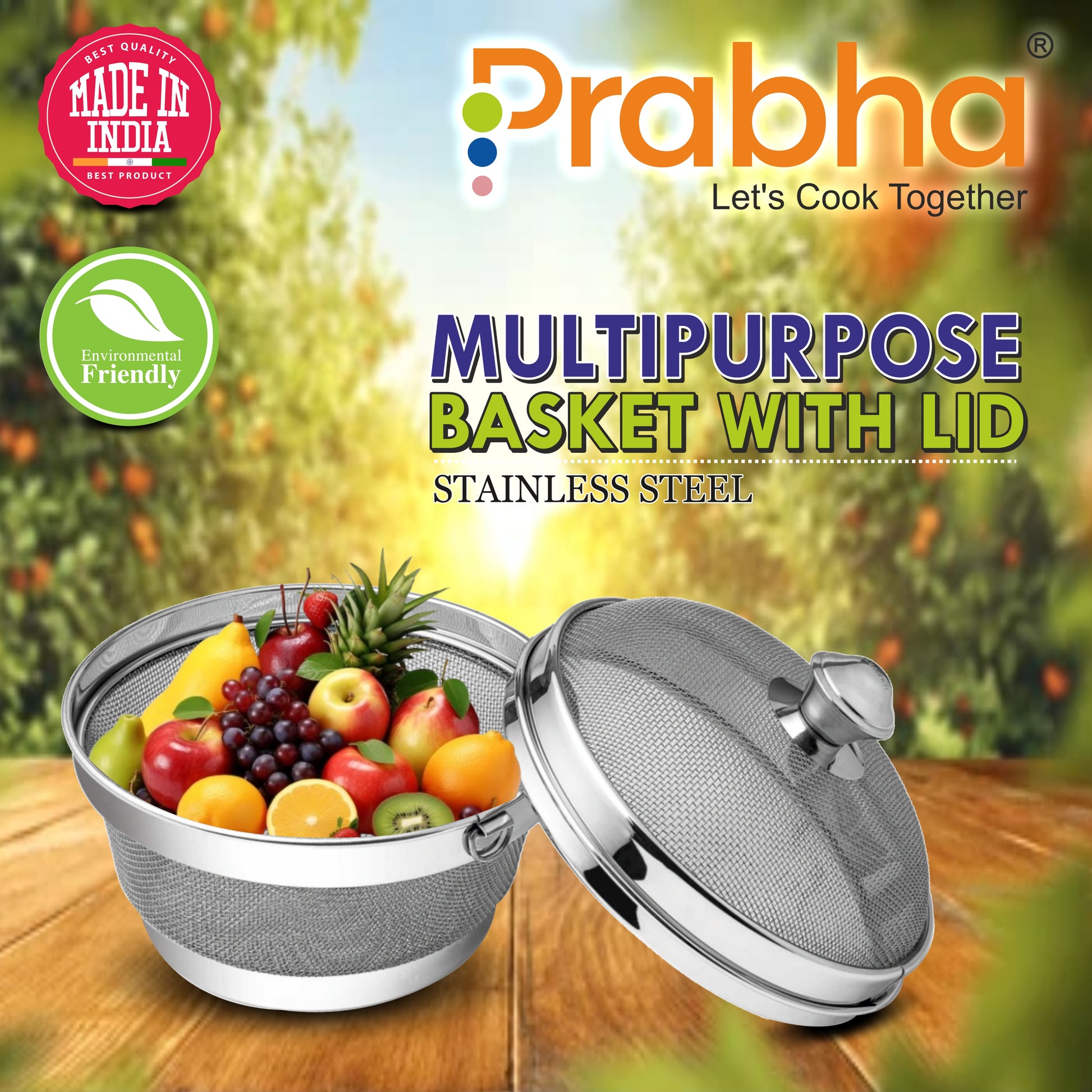 Stainless Steel Multipurpose Basket with Lid for Vegetable & Fruit - Prabha