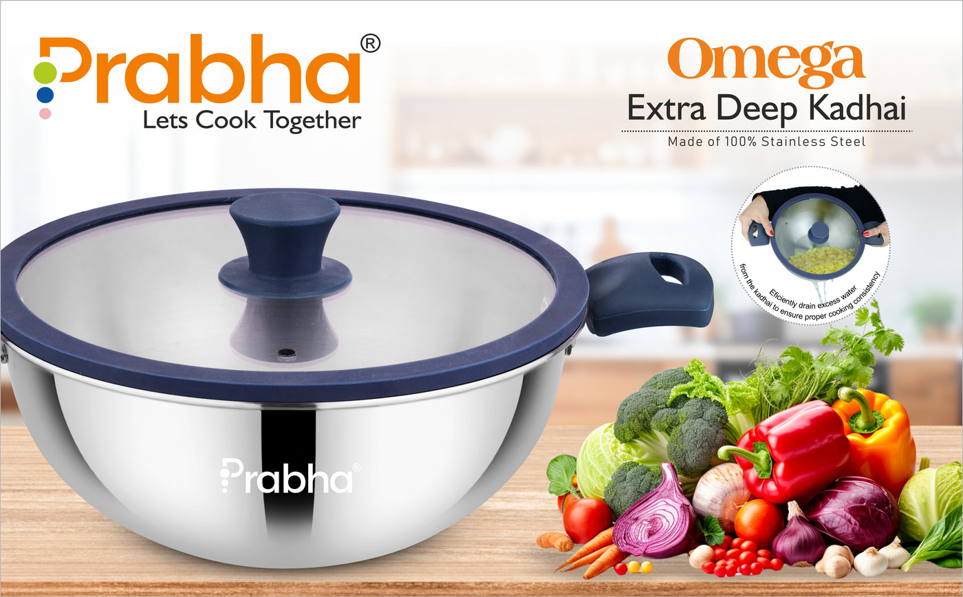 Omega Tri-Ply Extra Deep Frying Kadhai with Glass Lid | Premium Stainless Steel Oil Drainer Design