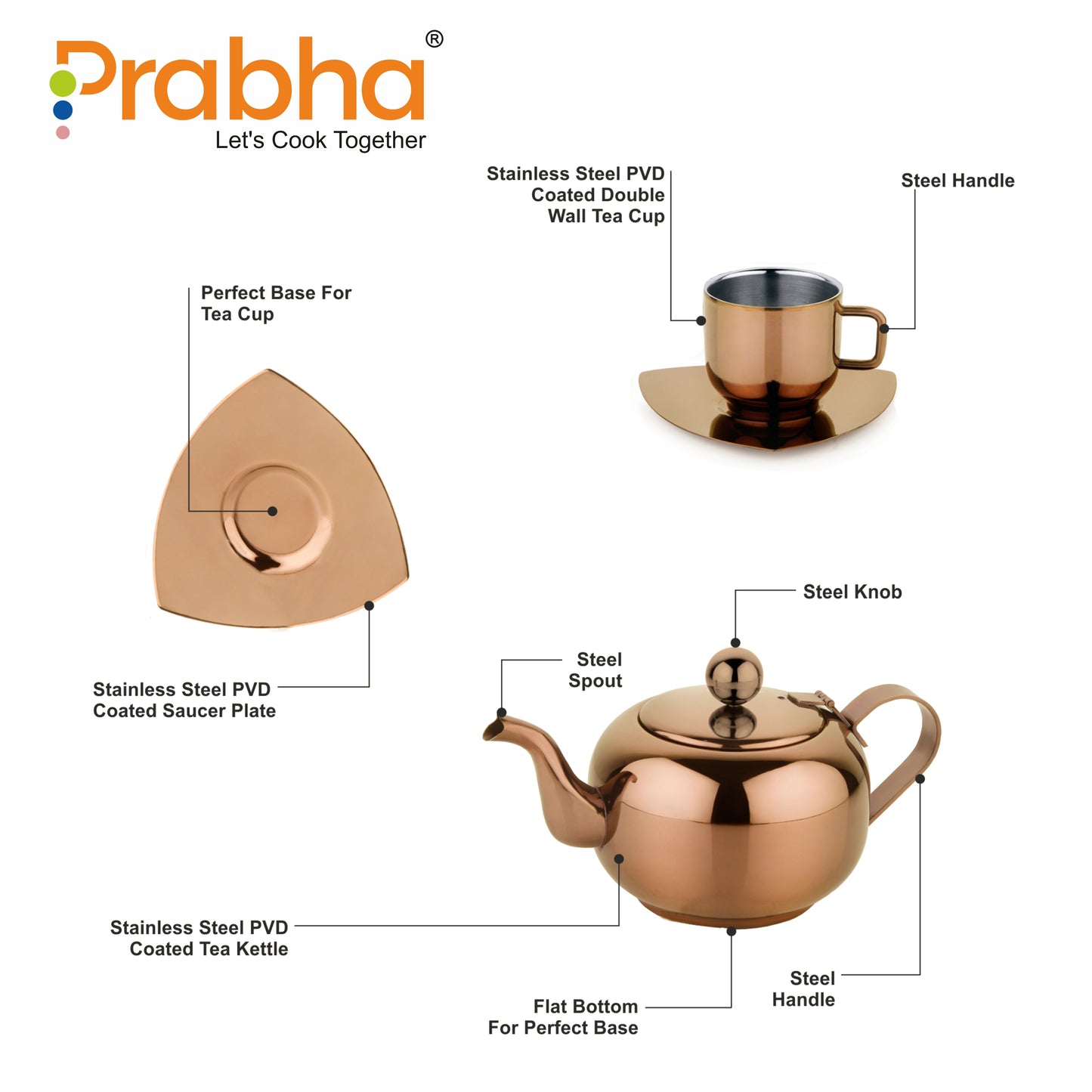 Stainless Steel Tea Kettle With Cup & Saucer Set - PVD Rose Gold Coating
