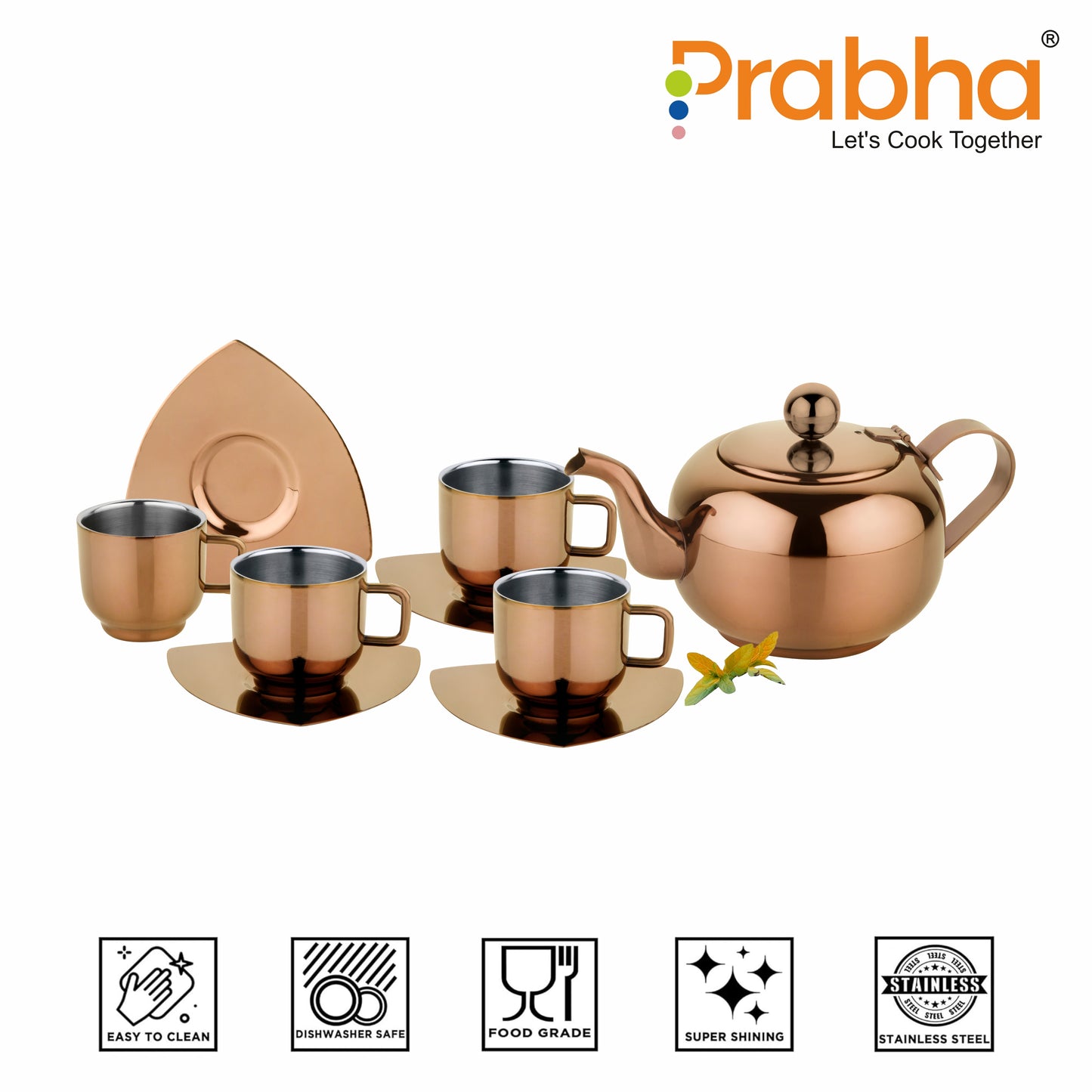 Stainless Steel Tea Kettle With Cup & Saucer Set - PVD Rose Gold Coating