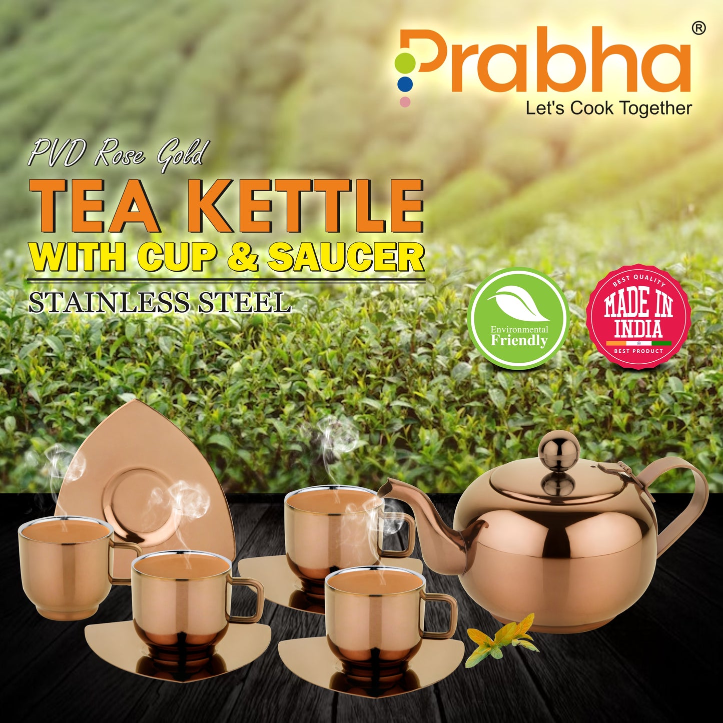 Stainless Steel Tea Kettle With Cup & Saucer Set - PVD Rose Gold Coating