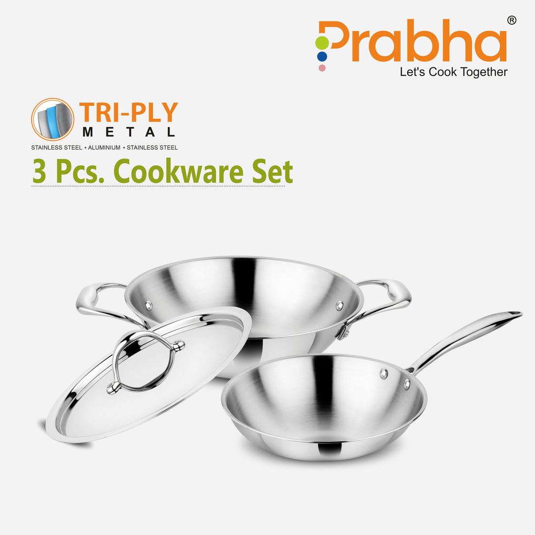 Prima Tri-Ply Induction Base Stainless Steel 3Pcs Cookware Set - Kadhai With Lid 24cm / Frypan 22cm